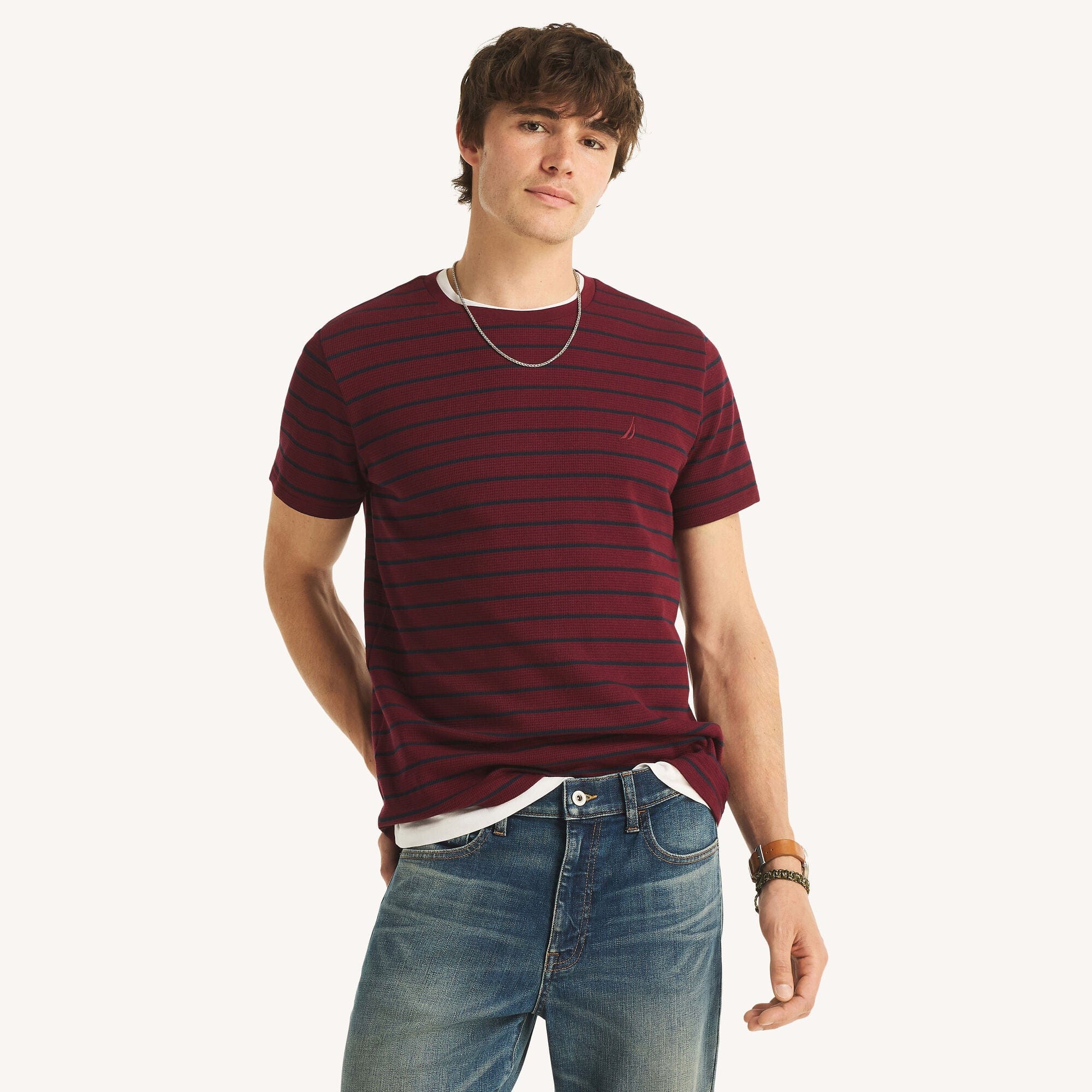 Nautica Mens Navigator Waffle Knit Striped Crewneck T - Shirt