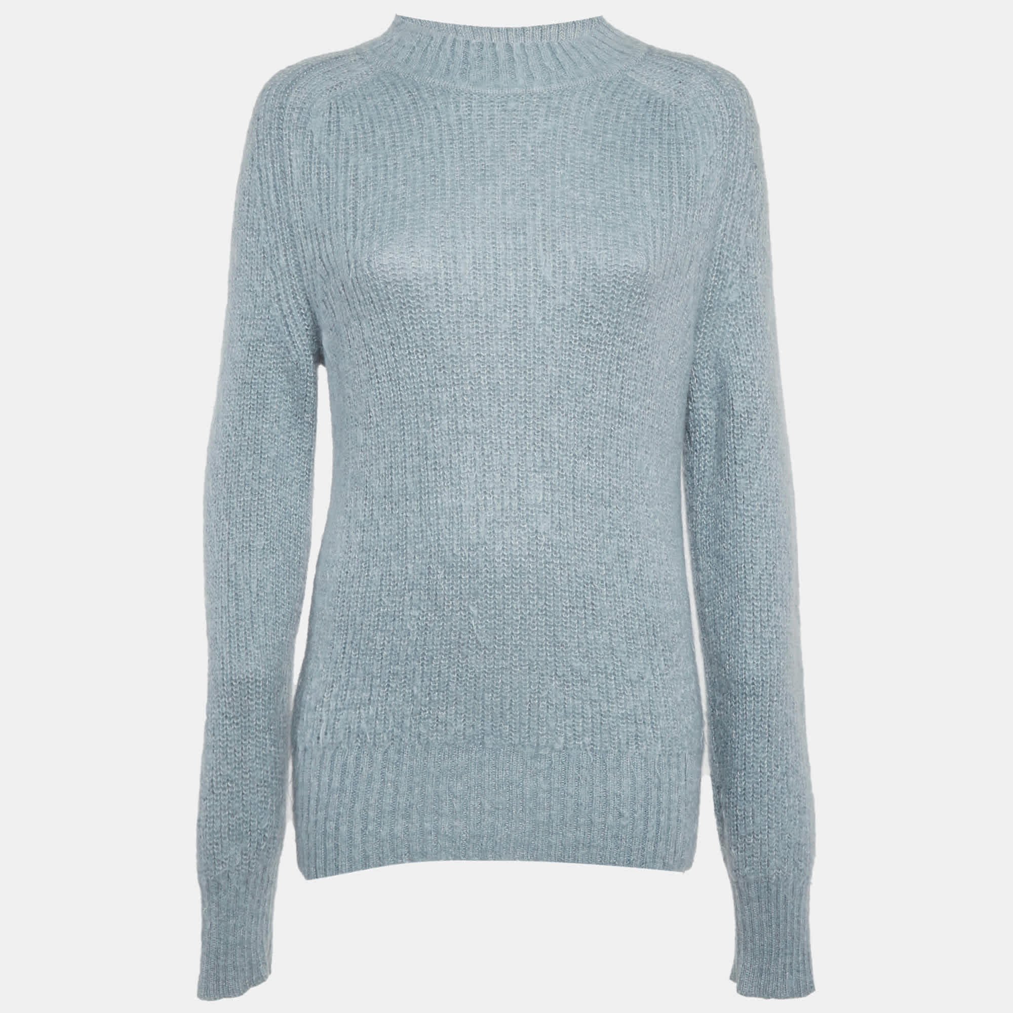 Jil Sander Blue Mohair Rib Knit Mock Neck Sweater