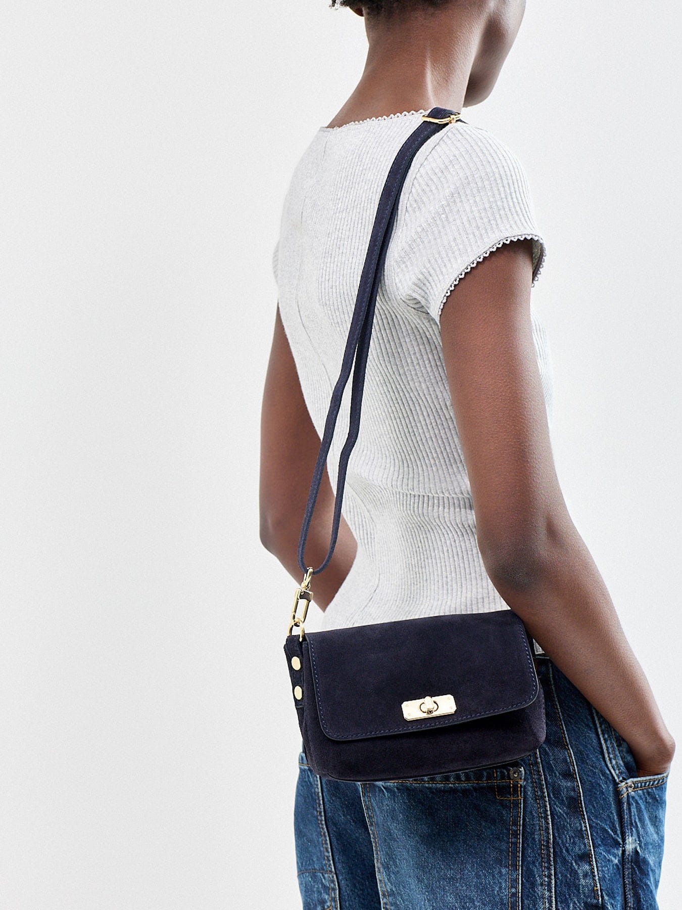 Apatchy London Maisie Mini Suede Shoulder Bag Navy