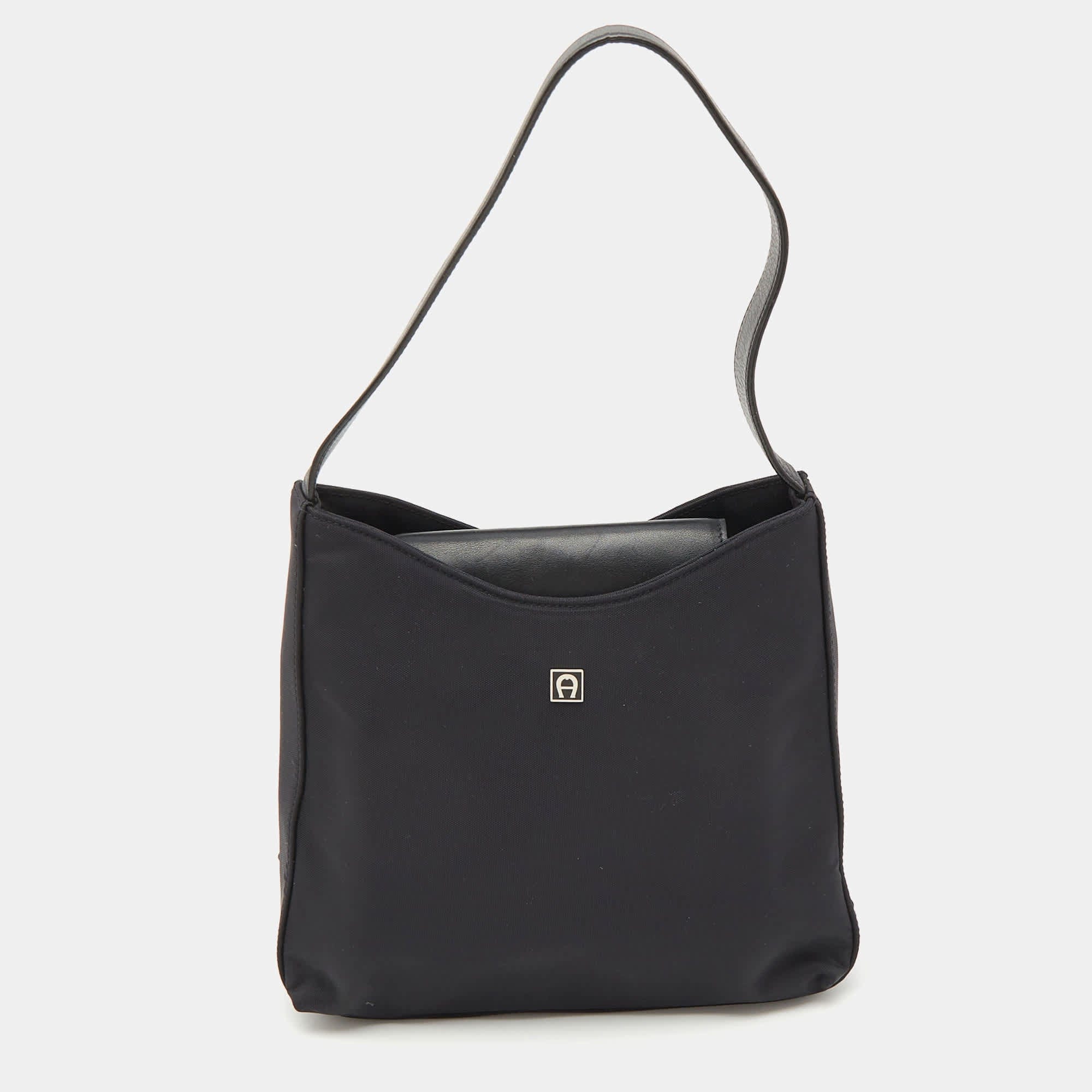 Aigner Black Leather And Nylon Flap Hobo