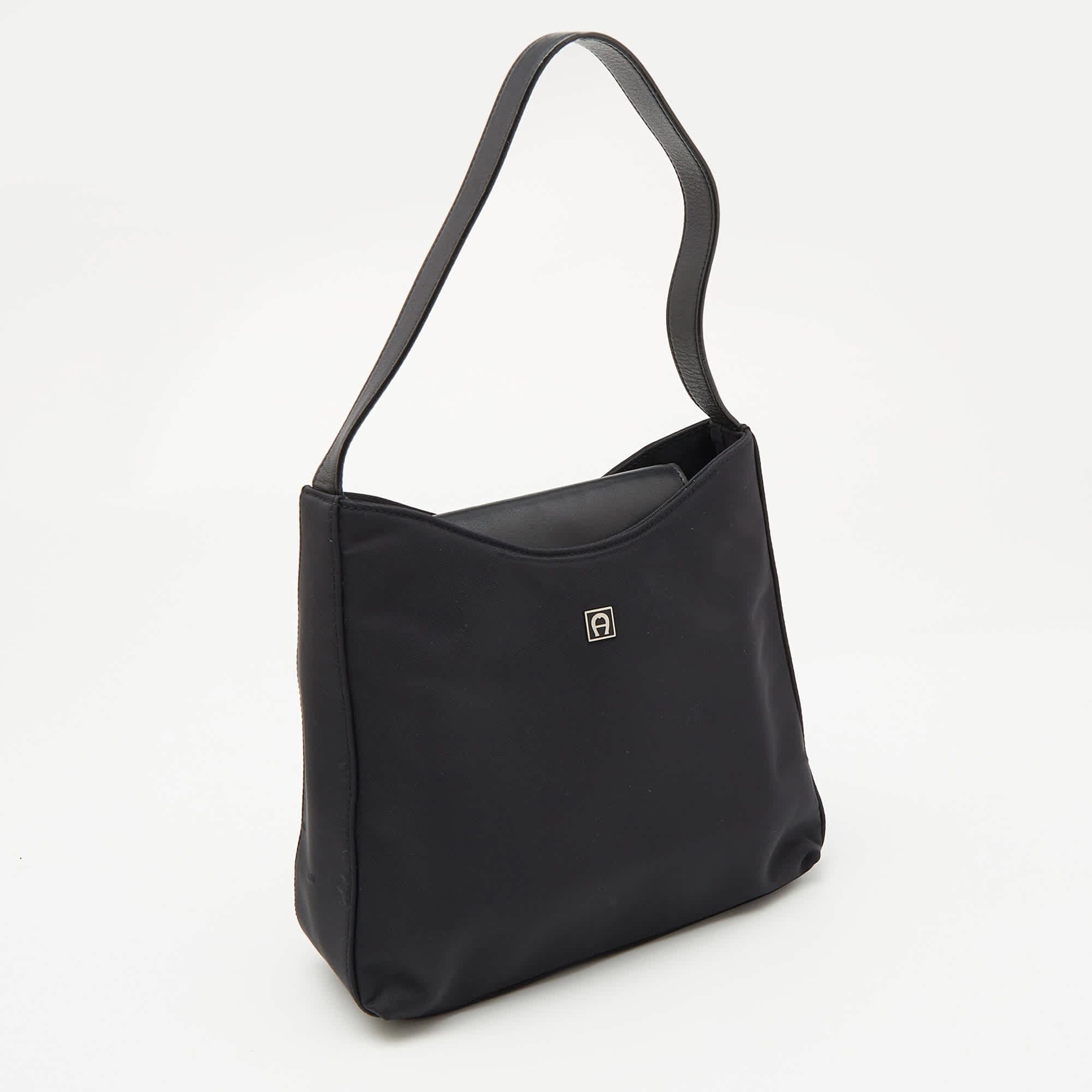 Aigner Black Leather And Nylon Flap Hobo