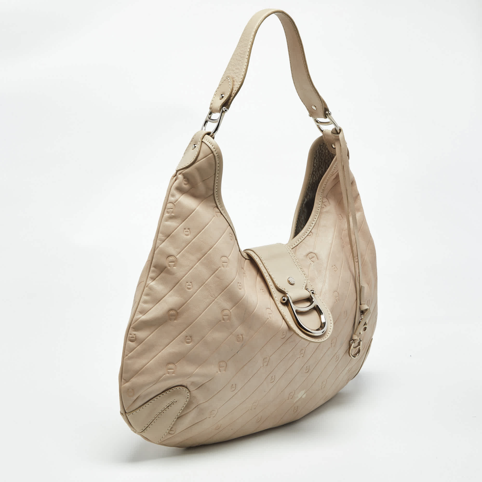 Aigner Light Beige Logo Embossed Leather Charm Hobo