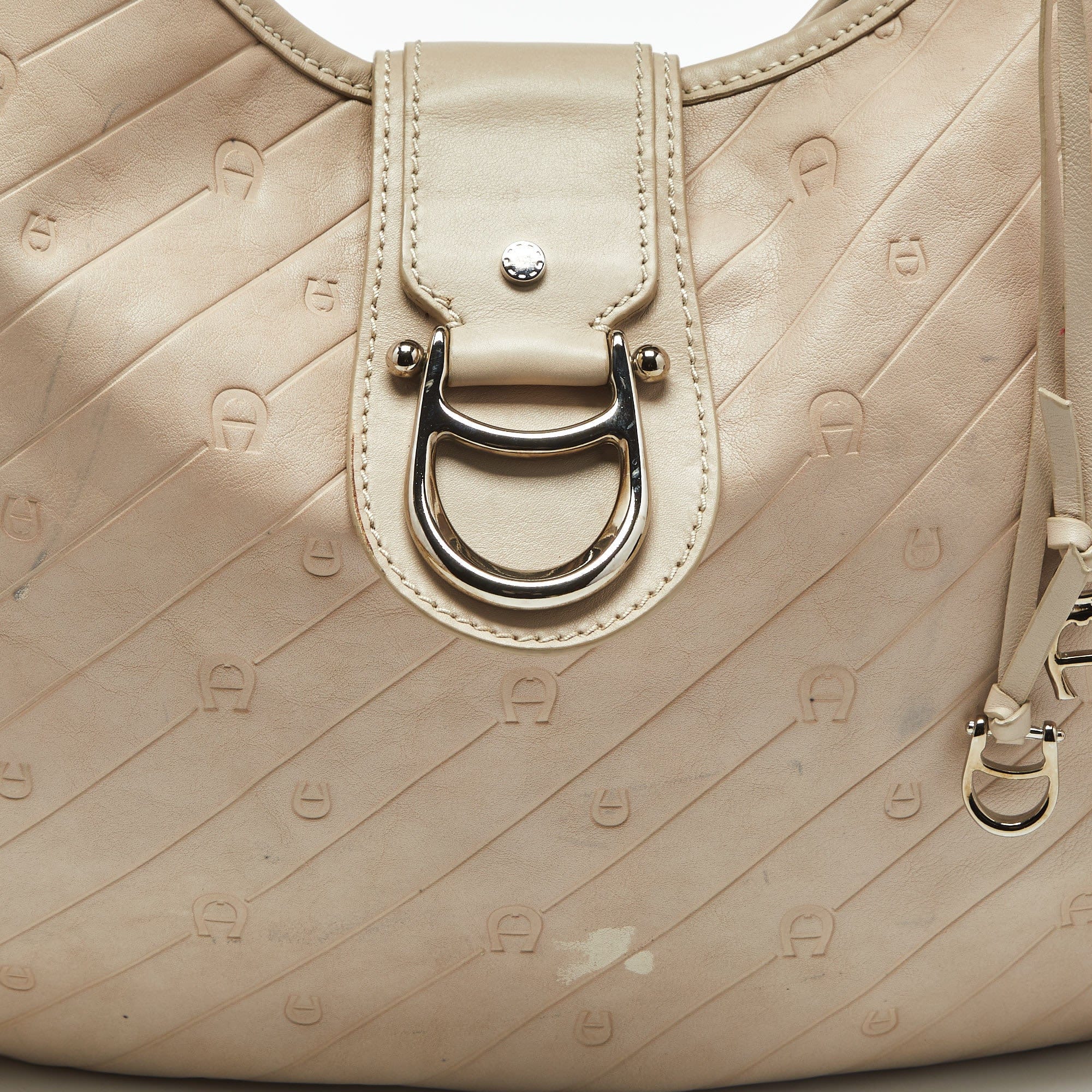 Aigner Light Beige Logo Embossed Leather Charm Hobo