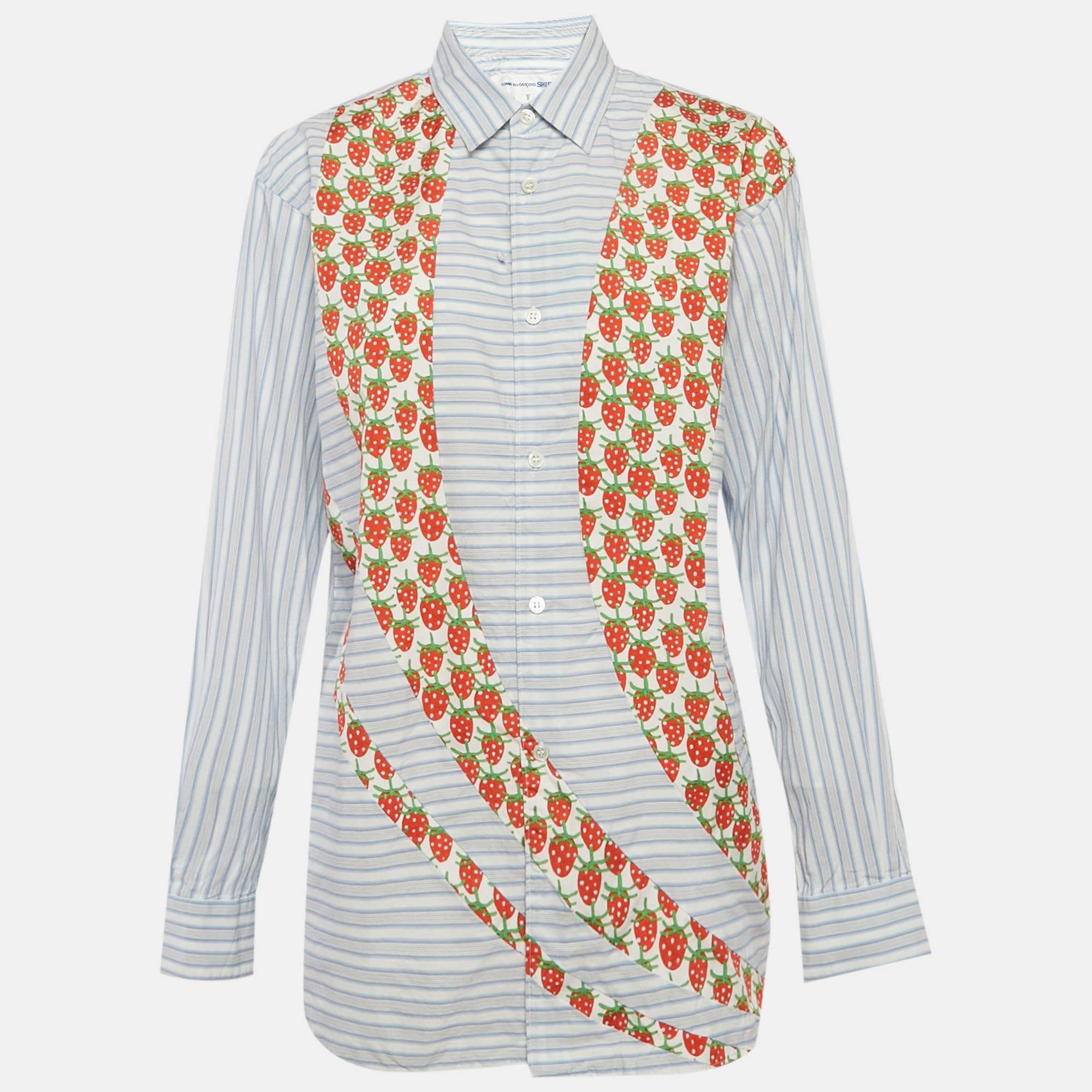Comme Des Garcons Blue Striped Strawberry Print Cotton Shirt