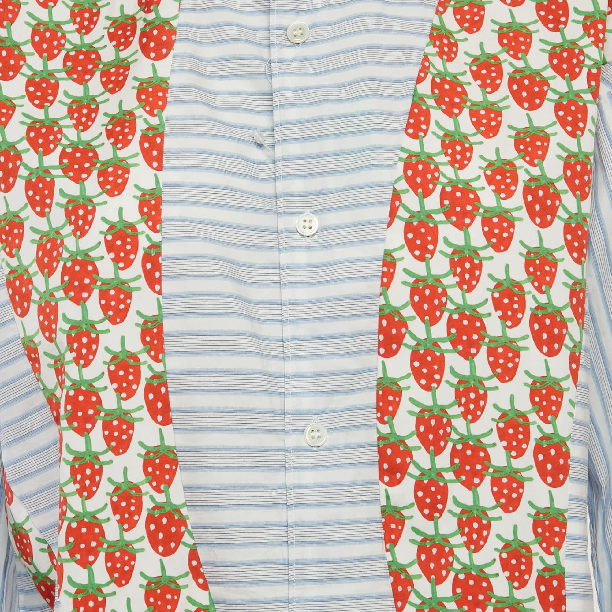 Comme Des Garcons Blue Striped Strawberry Print Cotton Shirt