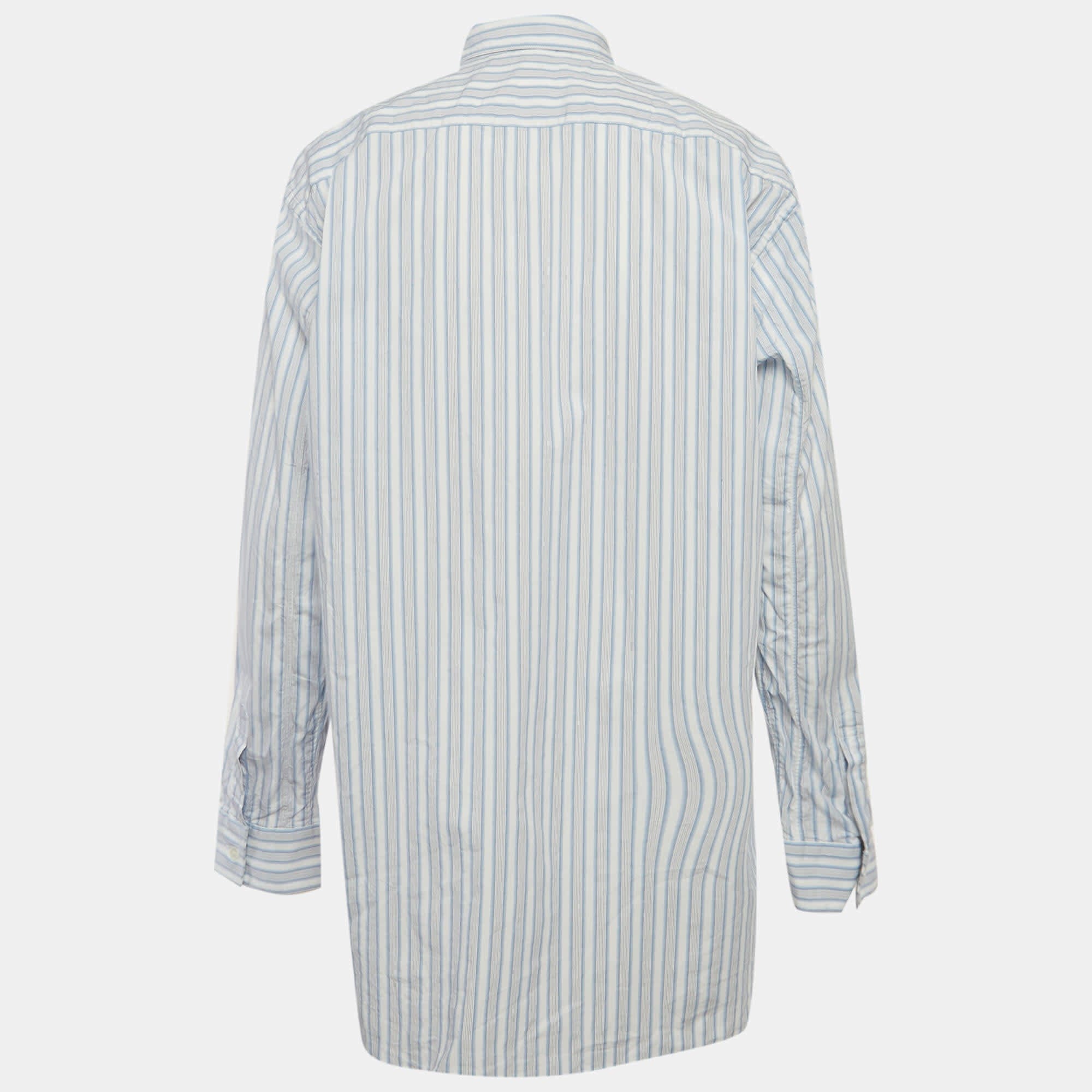 Comme Des Garcons Blue Striped Strawberry Print Cotton Shirt