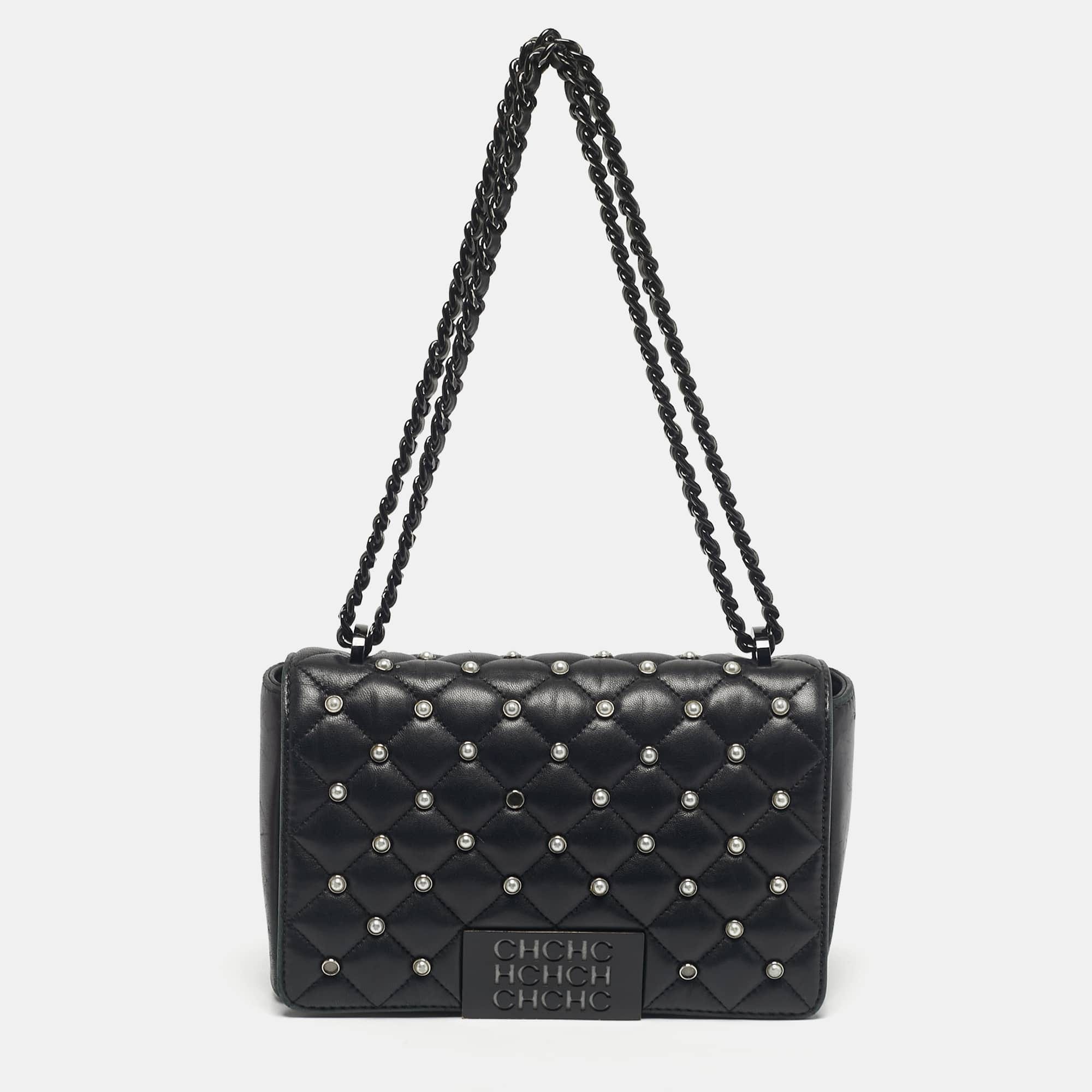 Ch Carolina Herrera Black Quilted Leather Pearl Studded Flap Chain Shoulder Bag