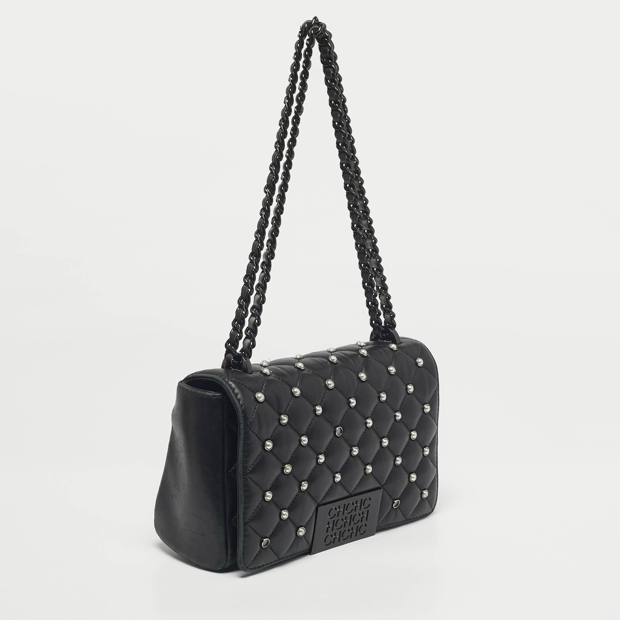 Ch Carolina Herrera Black Quilted Leather Pearl Studded Flap Chain Shoulder Bag