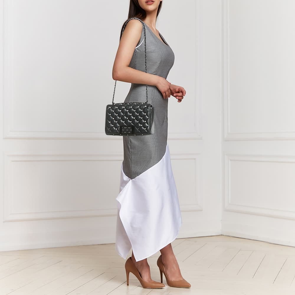 Ch Carolina Herrera Black Quilted Leather Pearl Studded Flap Chain Shoulder Bag