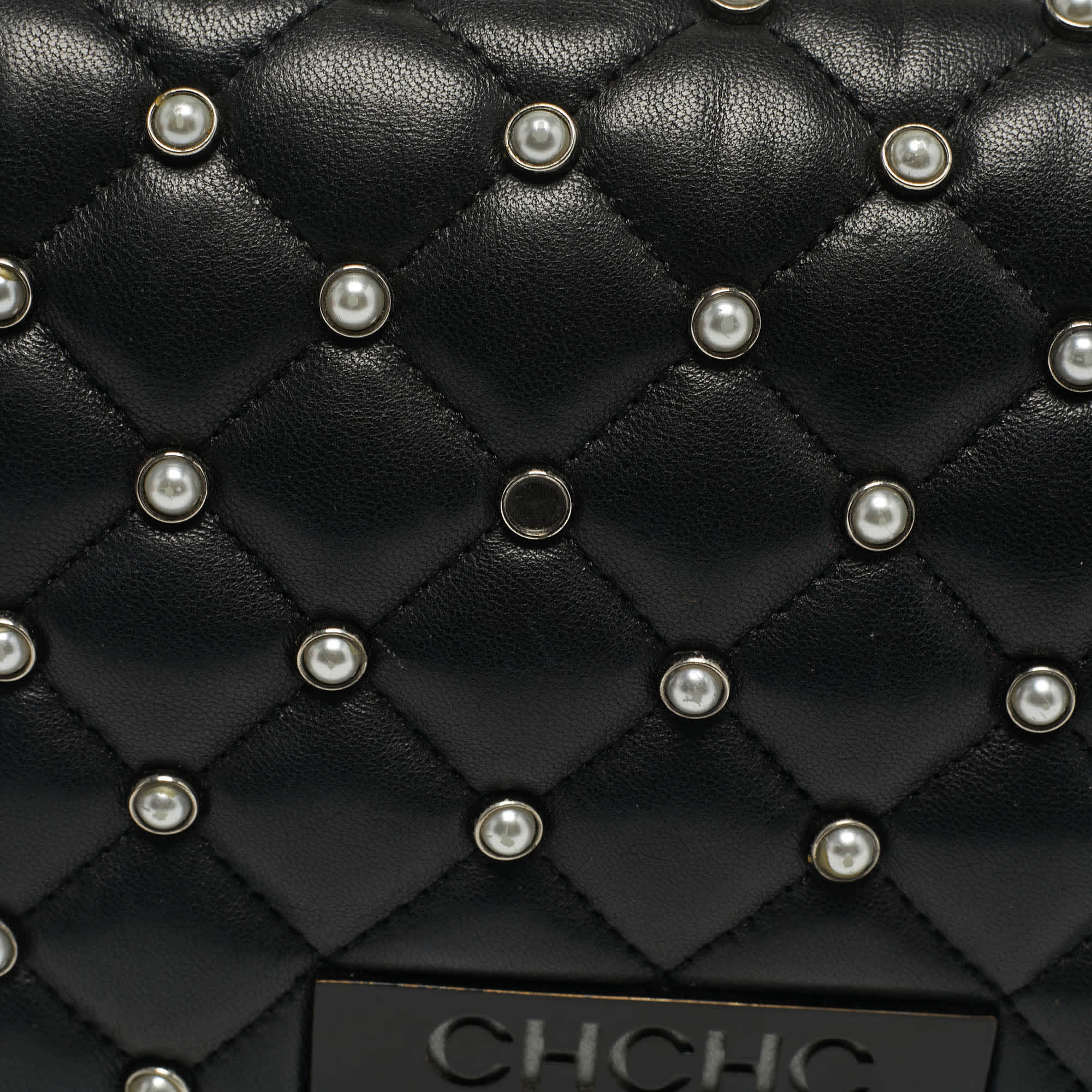 Ch Carolina Herrera Black Quilted Leather Pearl Studded Flap Chain Shoulder Bag