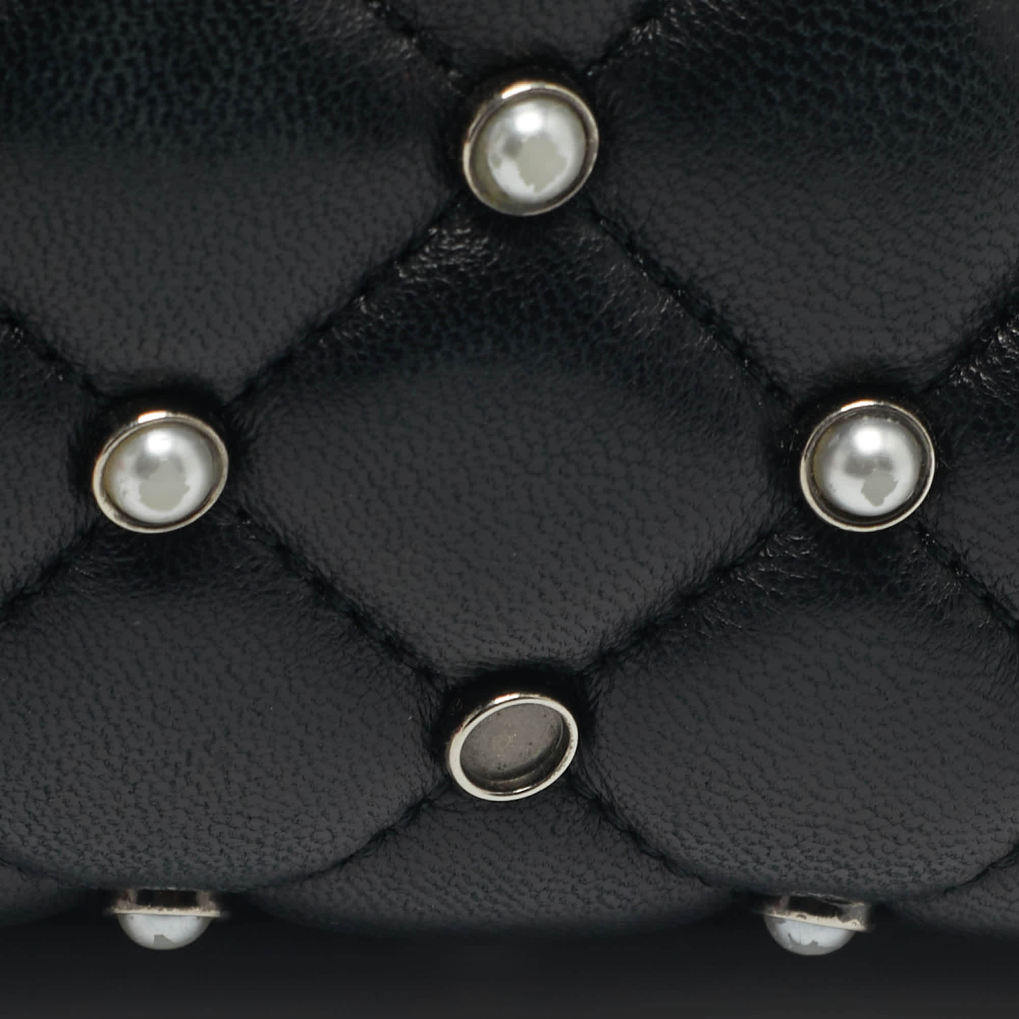 Ch Carolina Herrera Black Quilted Leather Pearl Studded Flap Chain Shoulder Bag