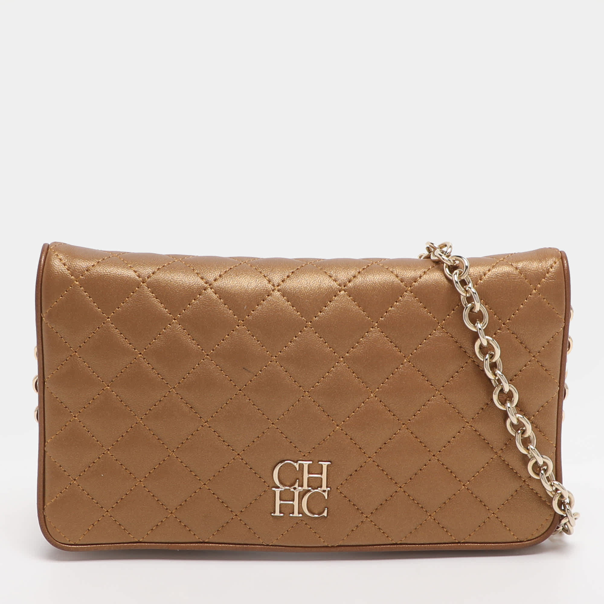 Ch Carolina Herrera Gold Quilted Leather Flap Shoulder Bag