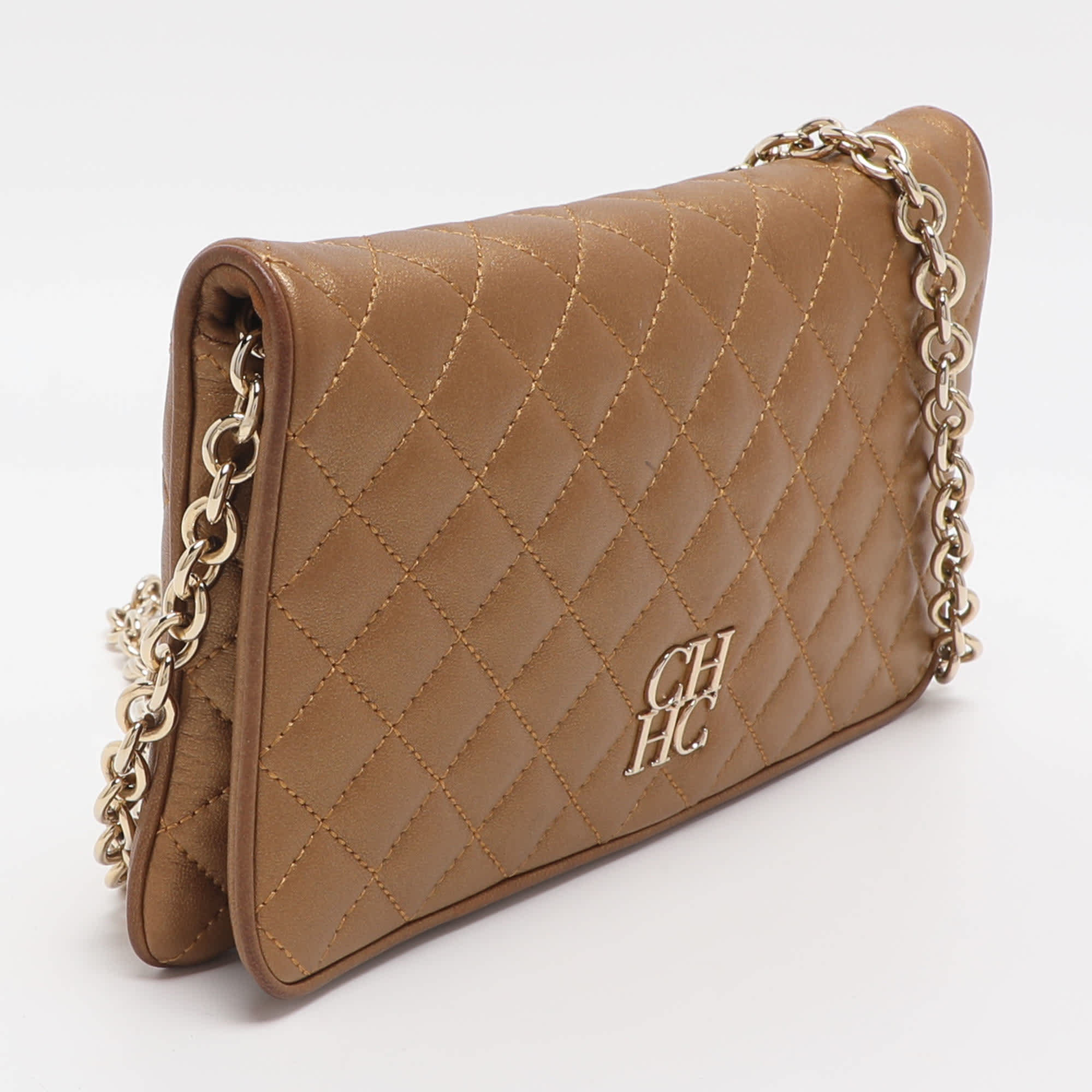 Ch Carolina Herrera Gold Quilted Leather Flap Shoulder Bag