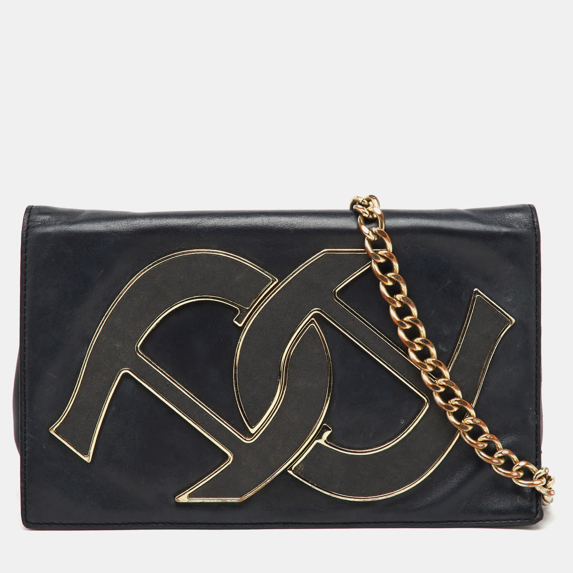 Aigner Black Leather Logo Flap Chain Shoulder Bag