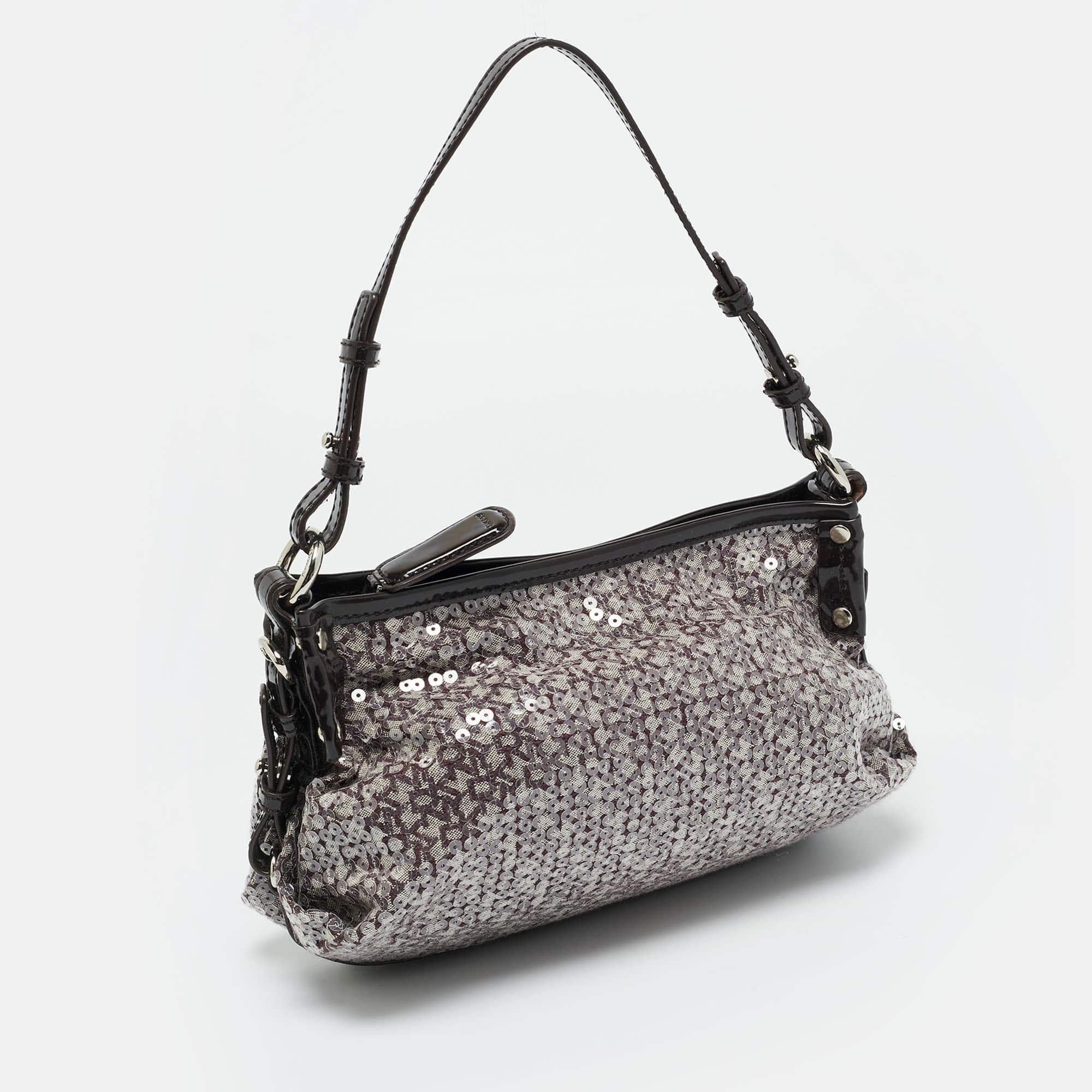 Monogram Dkny Monogram Plum Fabric Patent Leather And Sequins Shoulder Bag