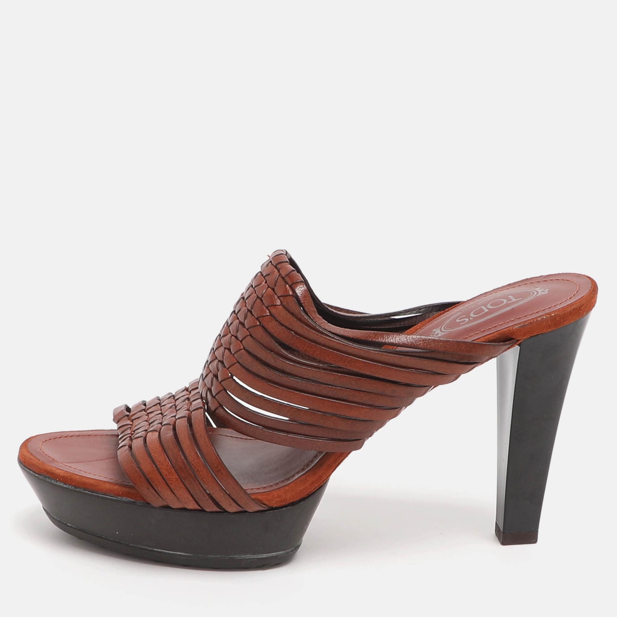 Tod's Size 37.5 Brown Leather Strappy Sandals