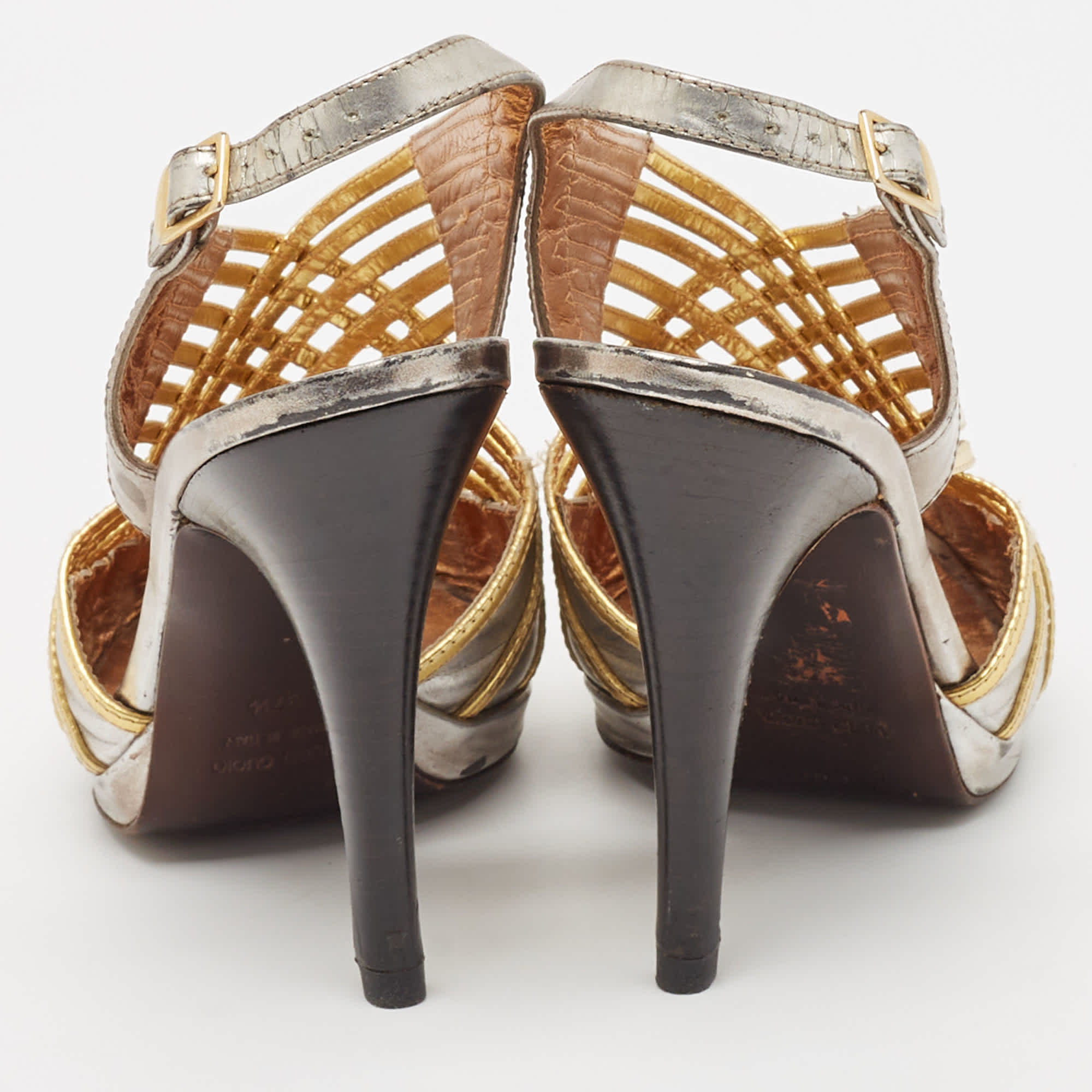 Roberto Cavalli Silver/gold Leather Strappy Slingback Sandals