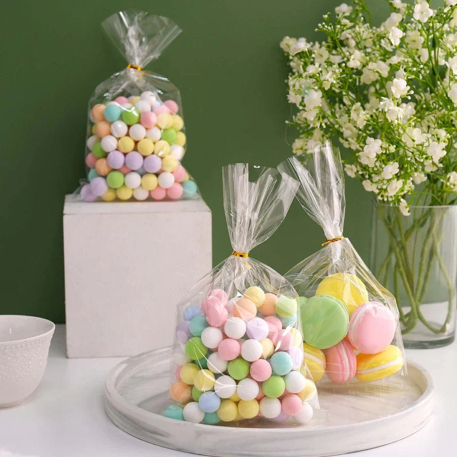 And 100 Pcs 6"x10" Clear Gift Goodie Candy Treat Bags and Gold Twist Ties