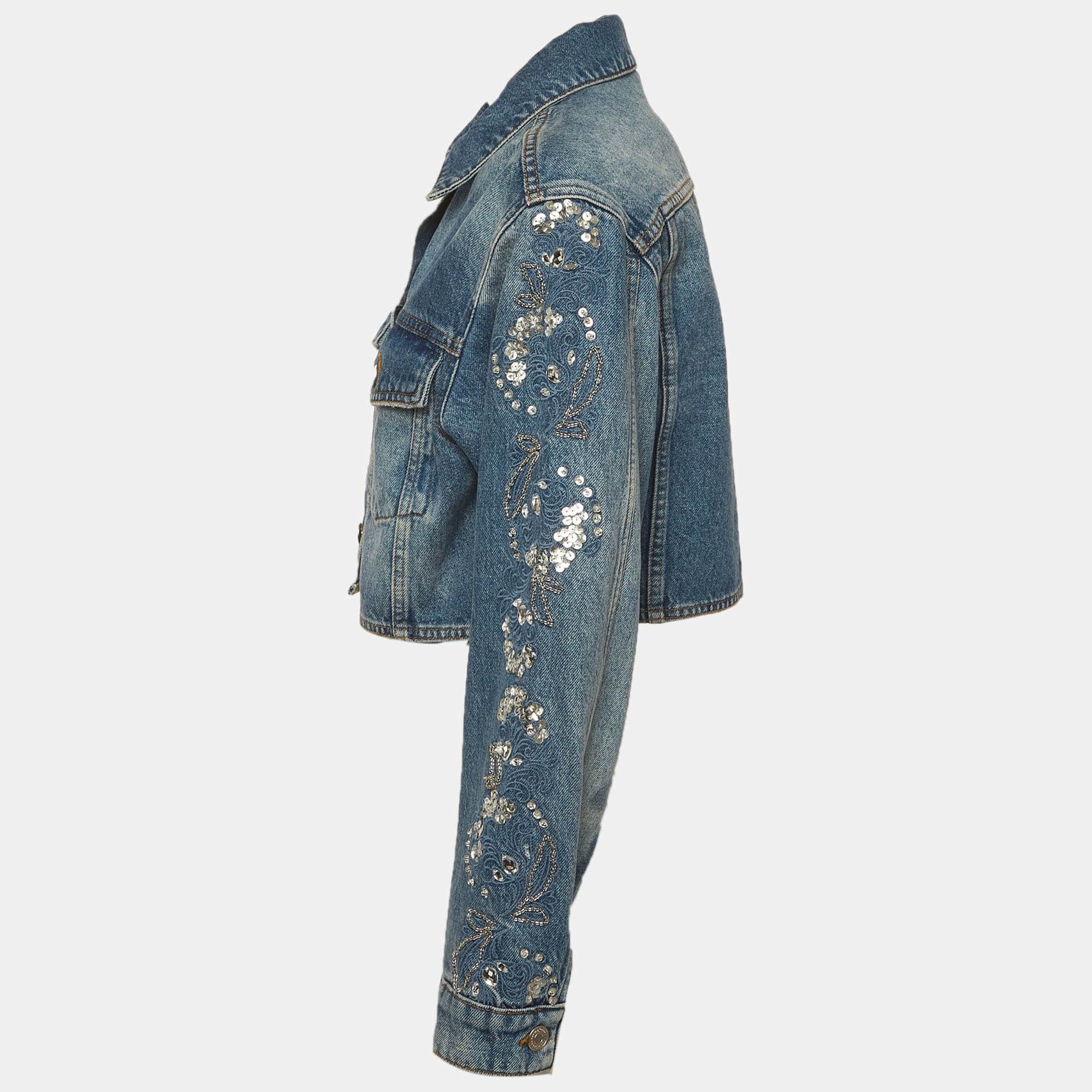Maje Blue Denim Embellished Cropped Jacket