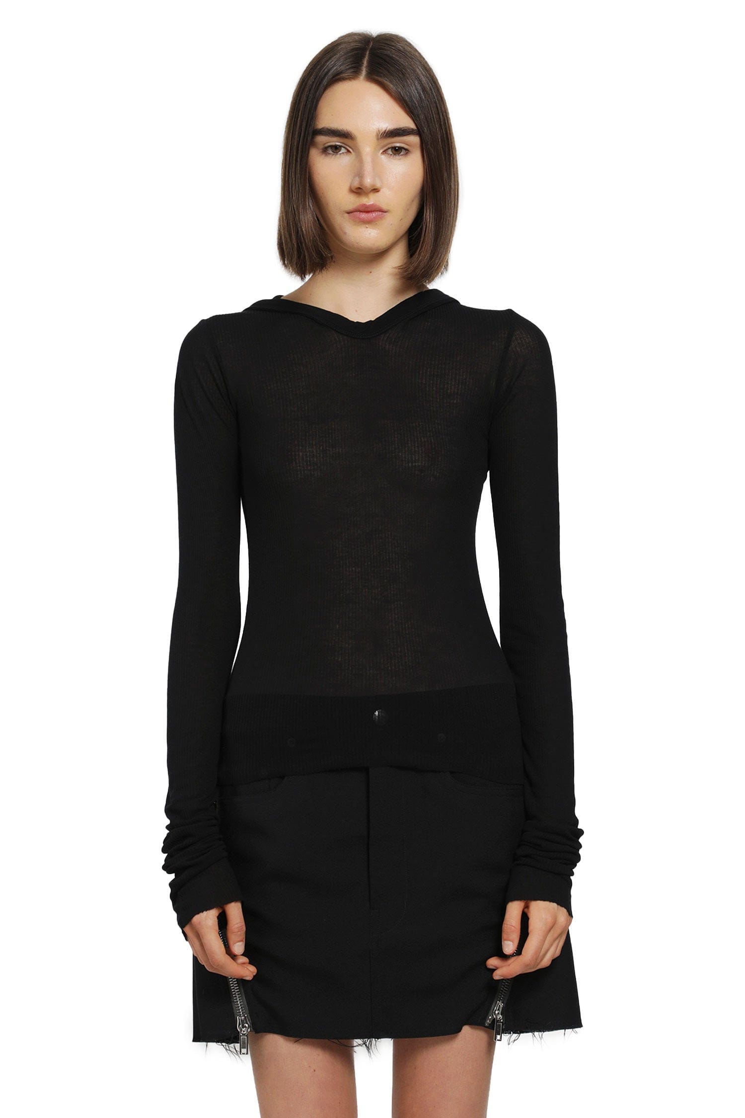 RICK OWENS Cropped Hooded Rib LS T