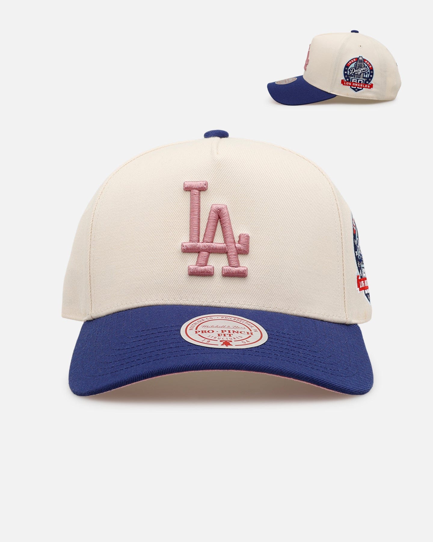 Mitchell & NESS Los Angeles Dodgers Pink Team Logo Pro Pinch Snapback Off White