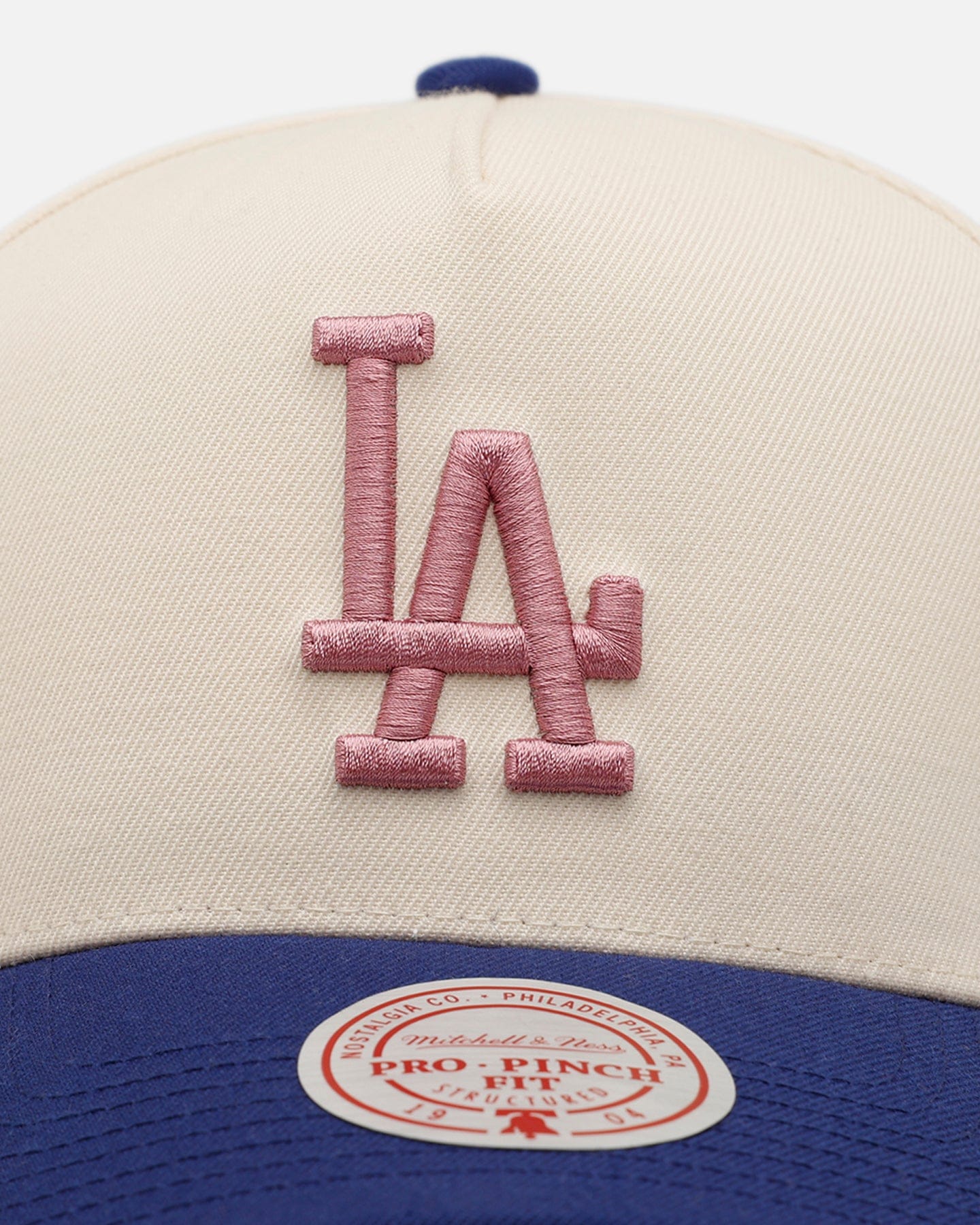 Mitchell & NESS Los Angeles Dodgers Pink Team Logo Pro Pinch Snapback Off White