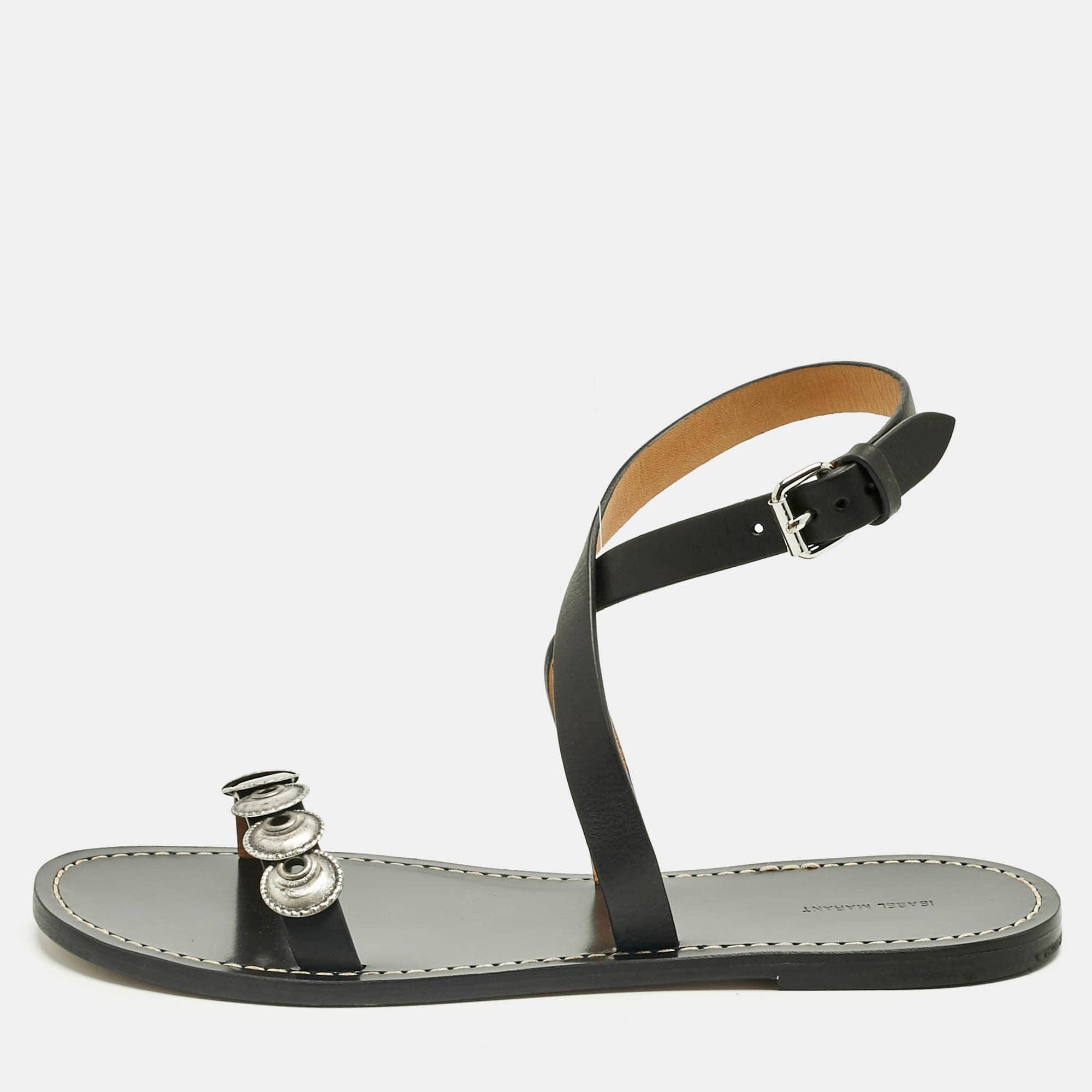 Isabel Marant Black Leather Eldory Ankle Strap Flat Sandals