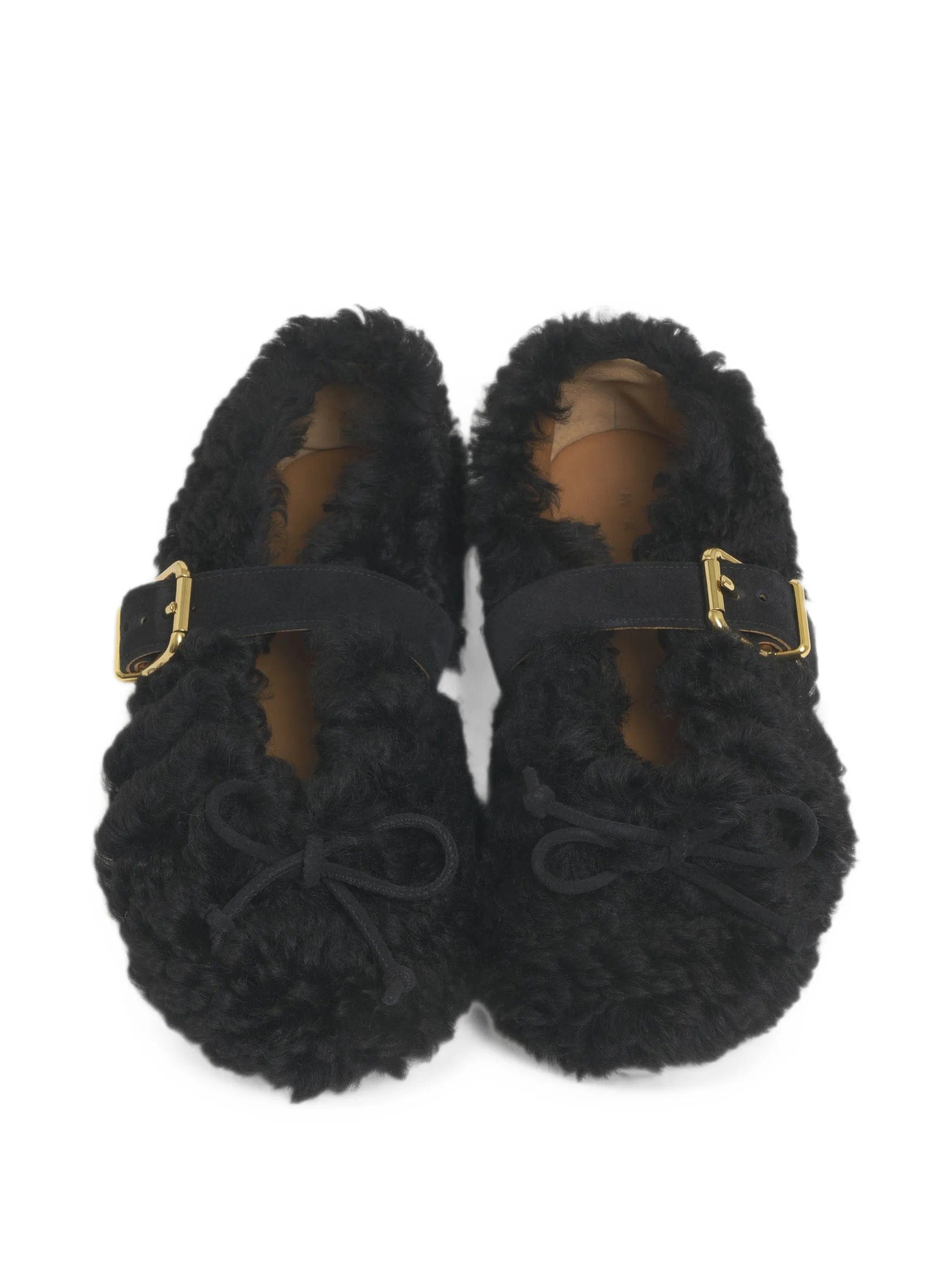 Marni black shearling ballerinas with buckle