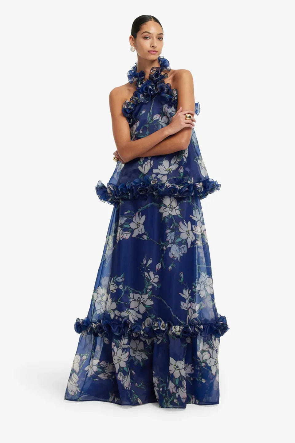 LEO LIN Michelle Floral Ruffles Halter Neck Top in Blue