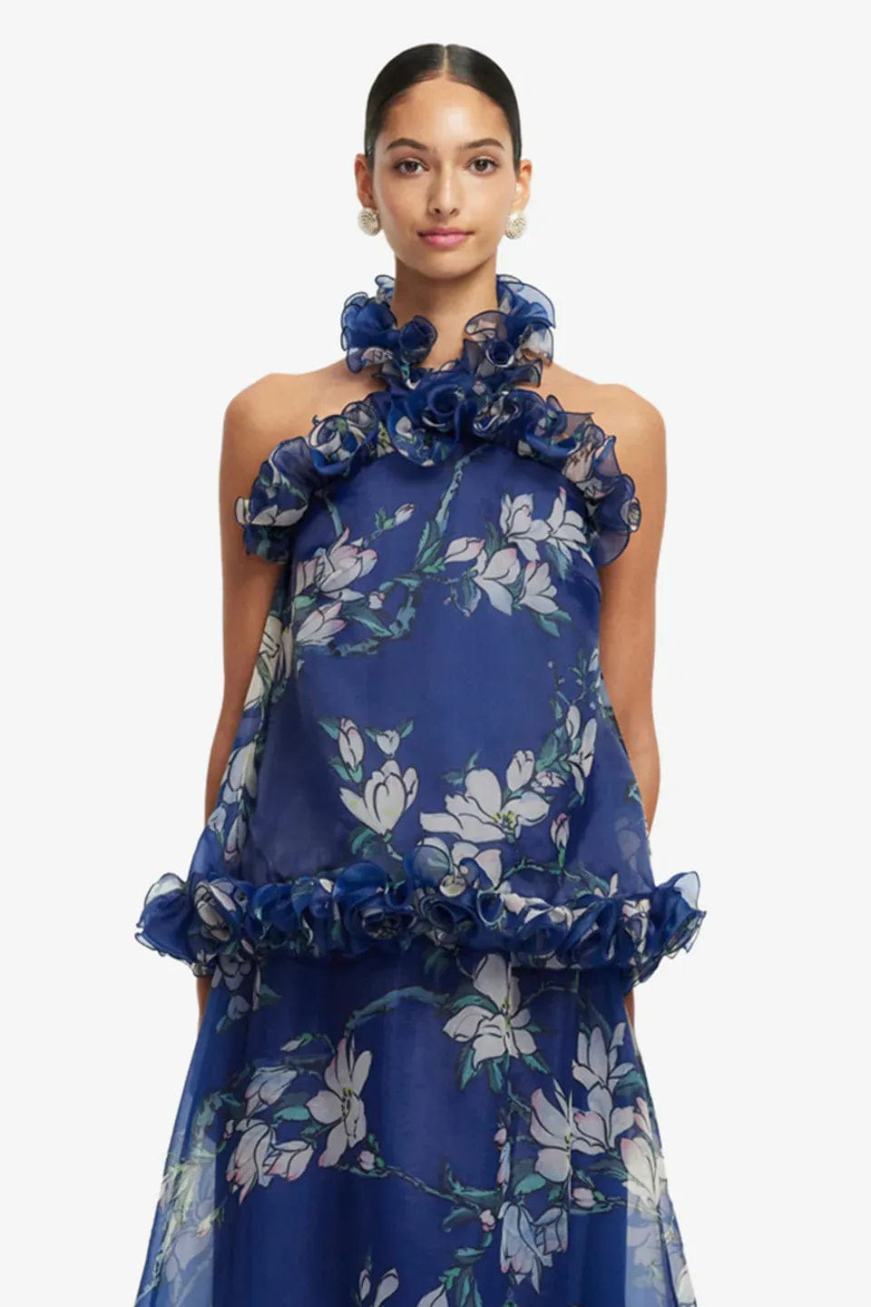 LEO LIN Michelle Floral Ruffles Halter Neck Top in Blue