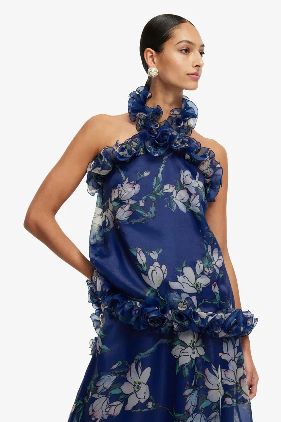 LEO LIN Michelle Floral Ruffles Halter Neck Top in Blue