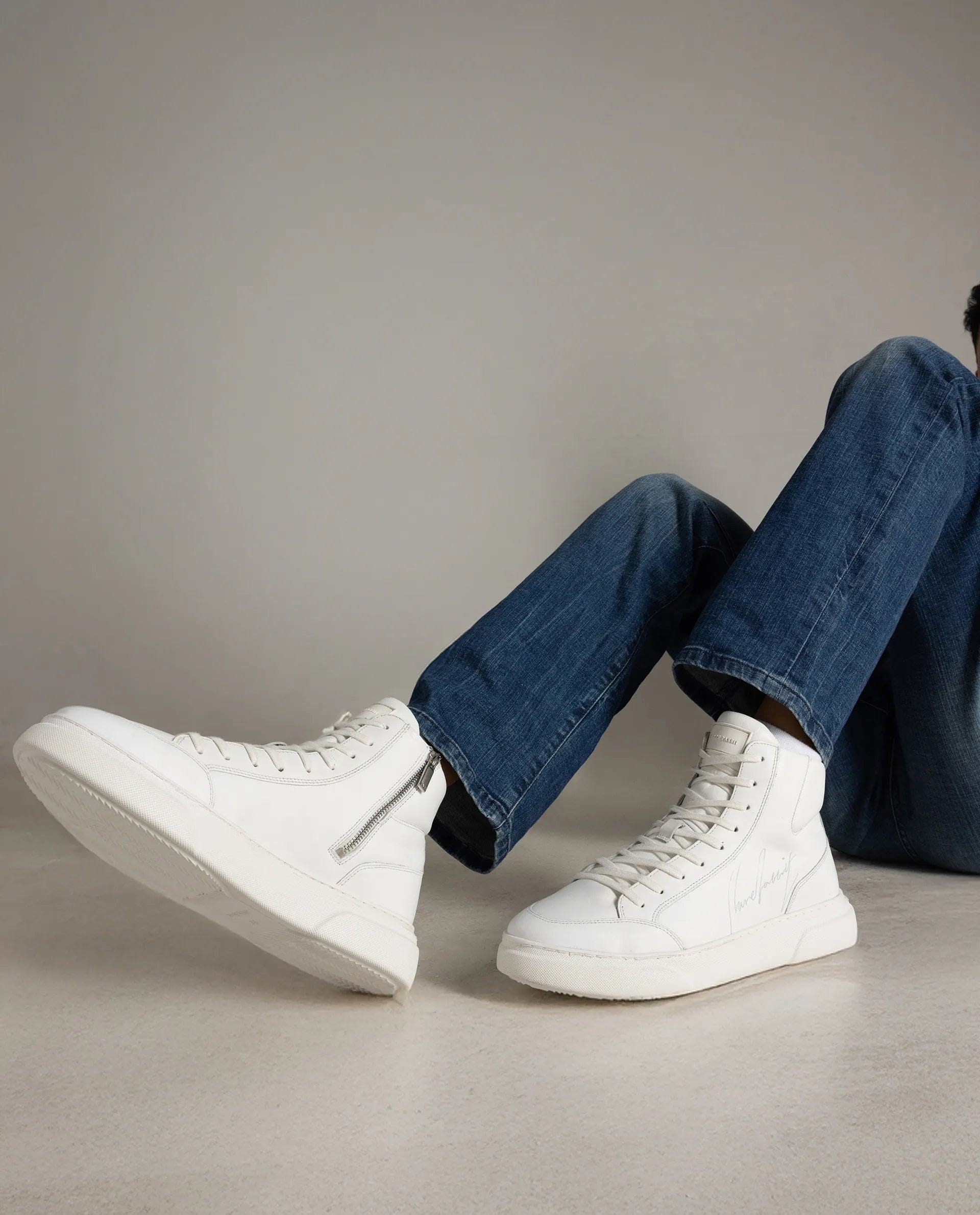 RAREZ Rare Rabbit Men's Panzer White Leather Round Toe Derby Style Zip Closure High Top Sneaker Shoes