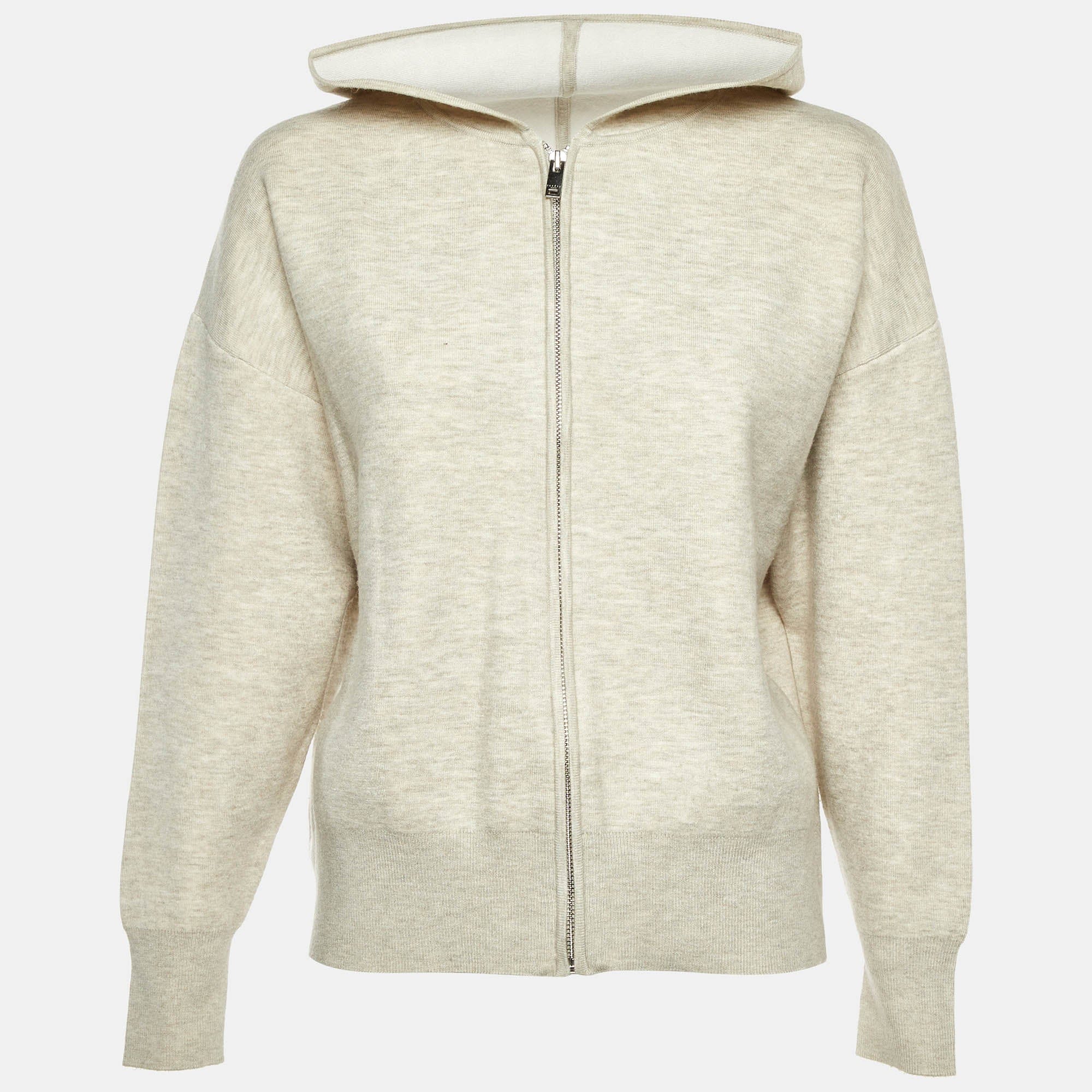 Sandro Pale Grey Melange Jersey Embroidered Zip Up Hoodie