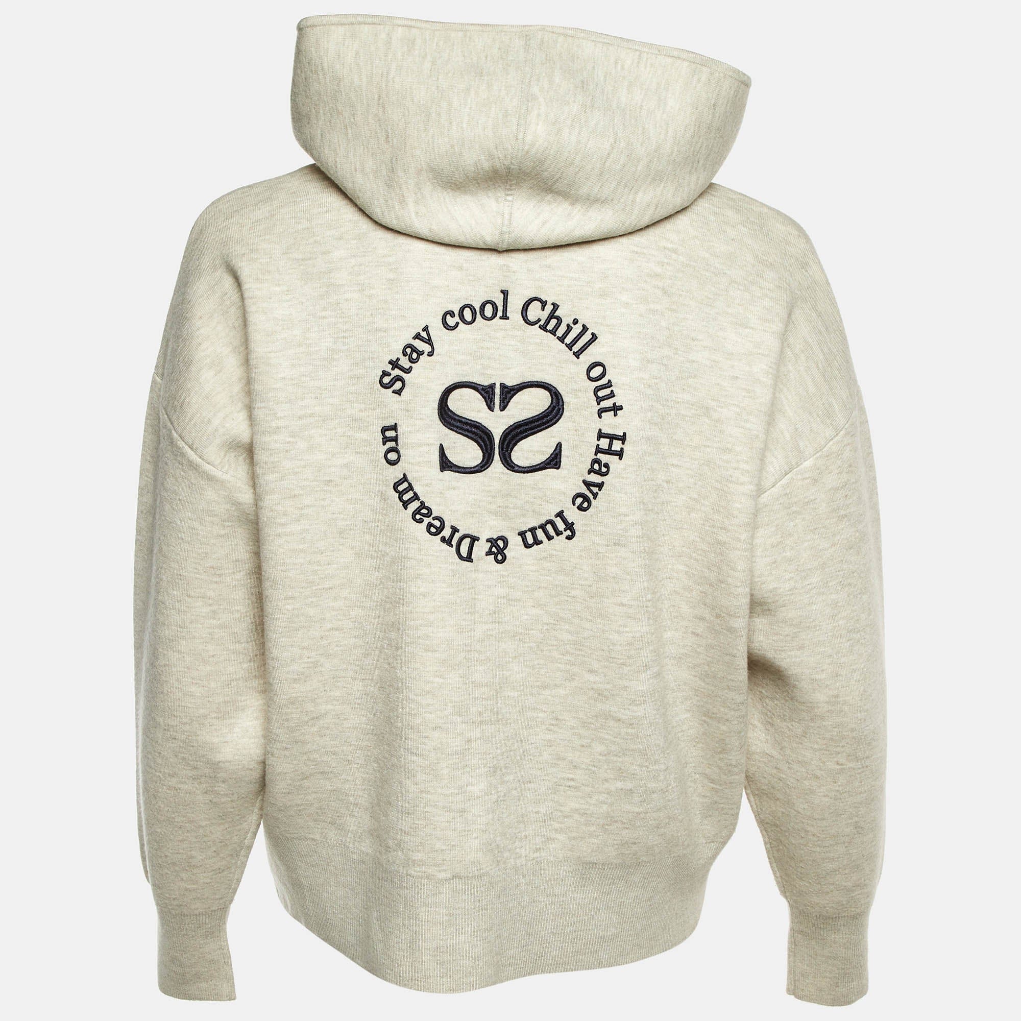 Sandro Pale Grey Melange Jersey Embroidered Zip Up Hoodie