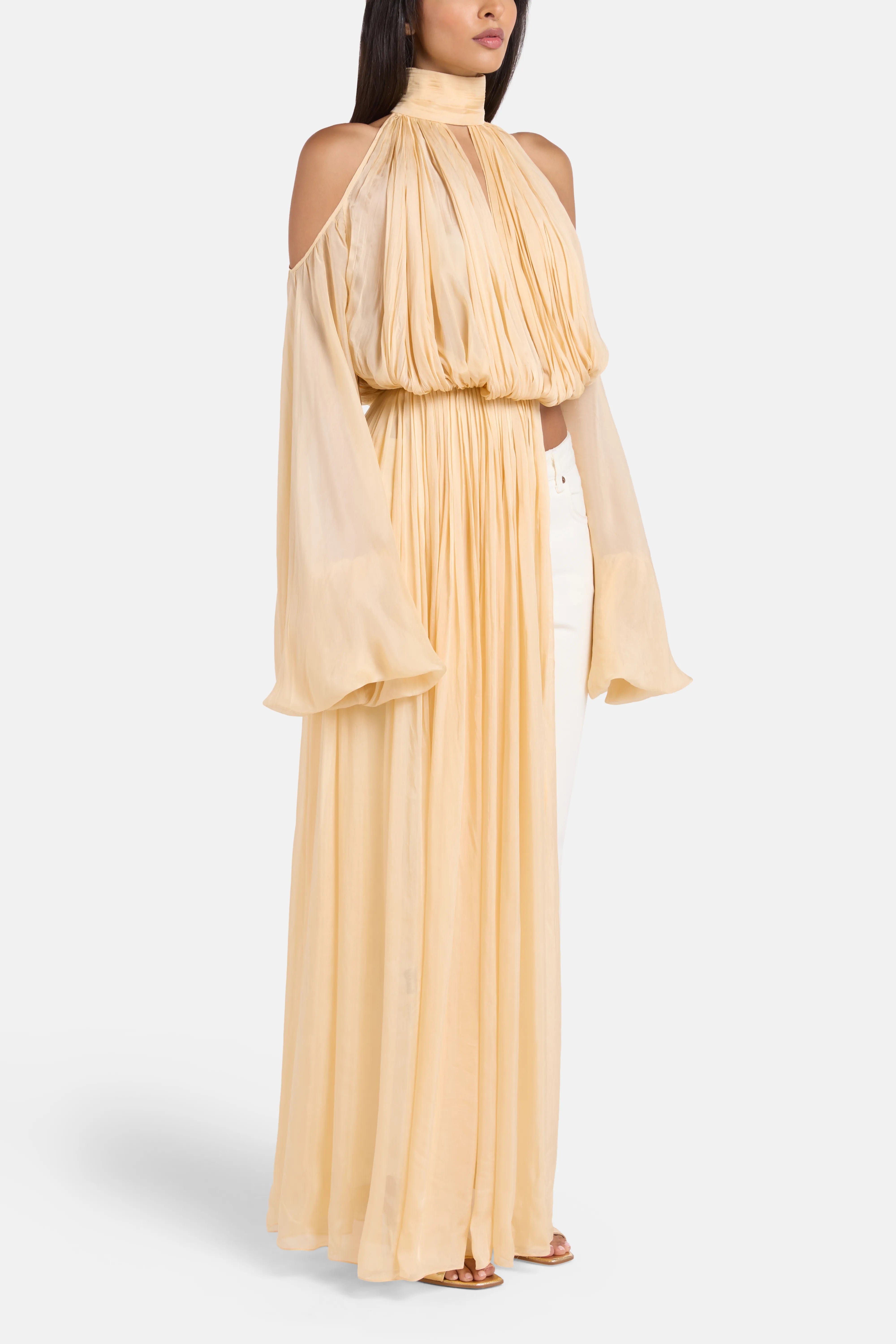 Deme by Gabriella Sage Shoulder Cut Out Chiffon Top in Gold