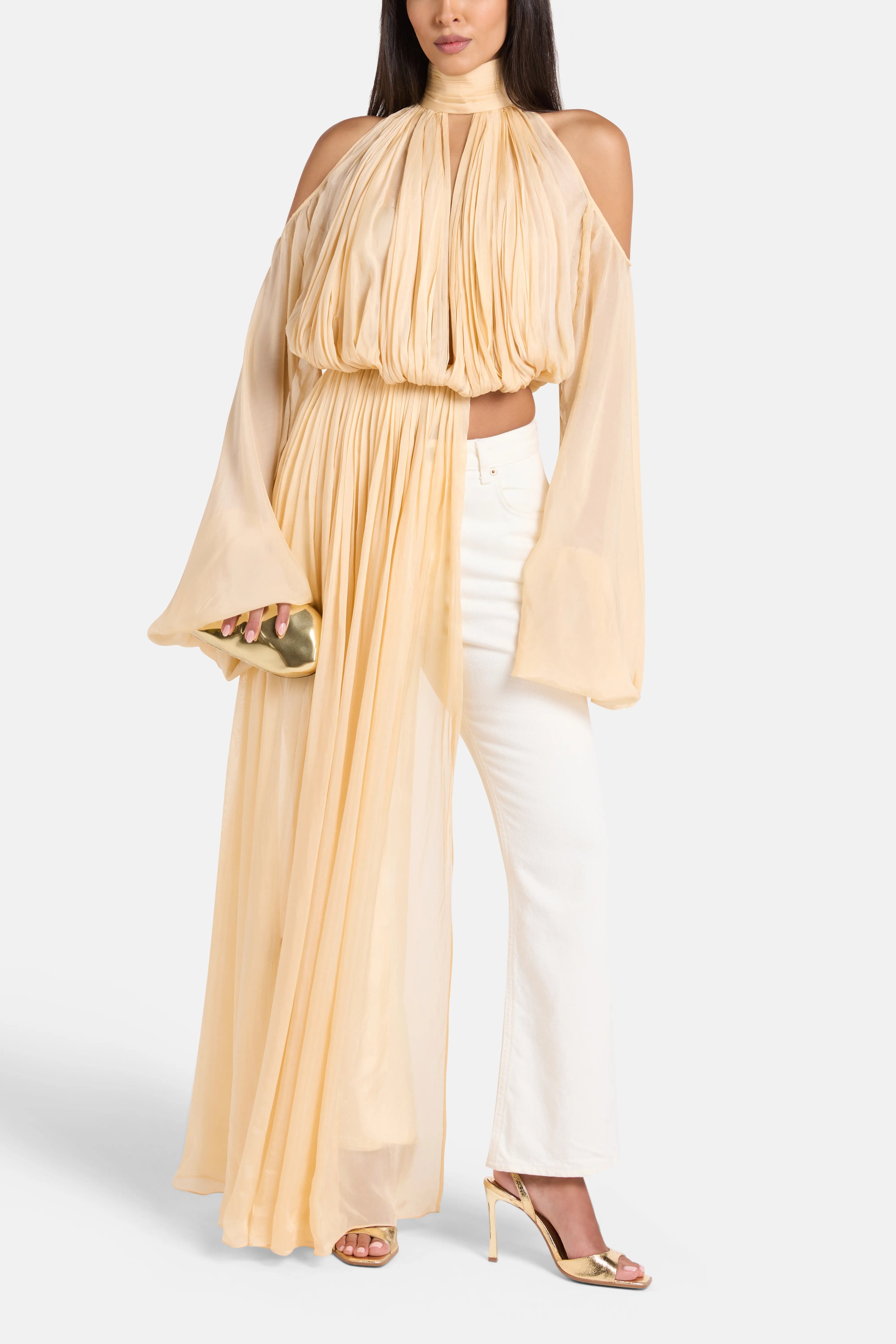 Deme by Gabriella Sage Shoulder Cut Out Chiffon Top in Gold