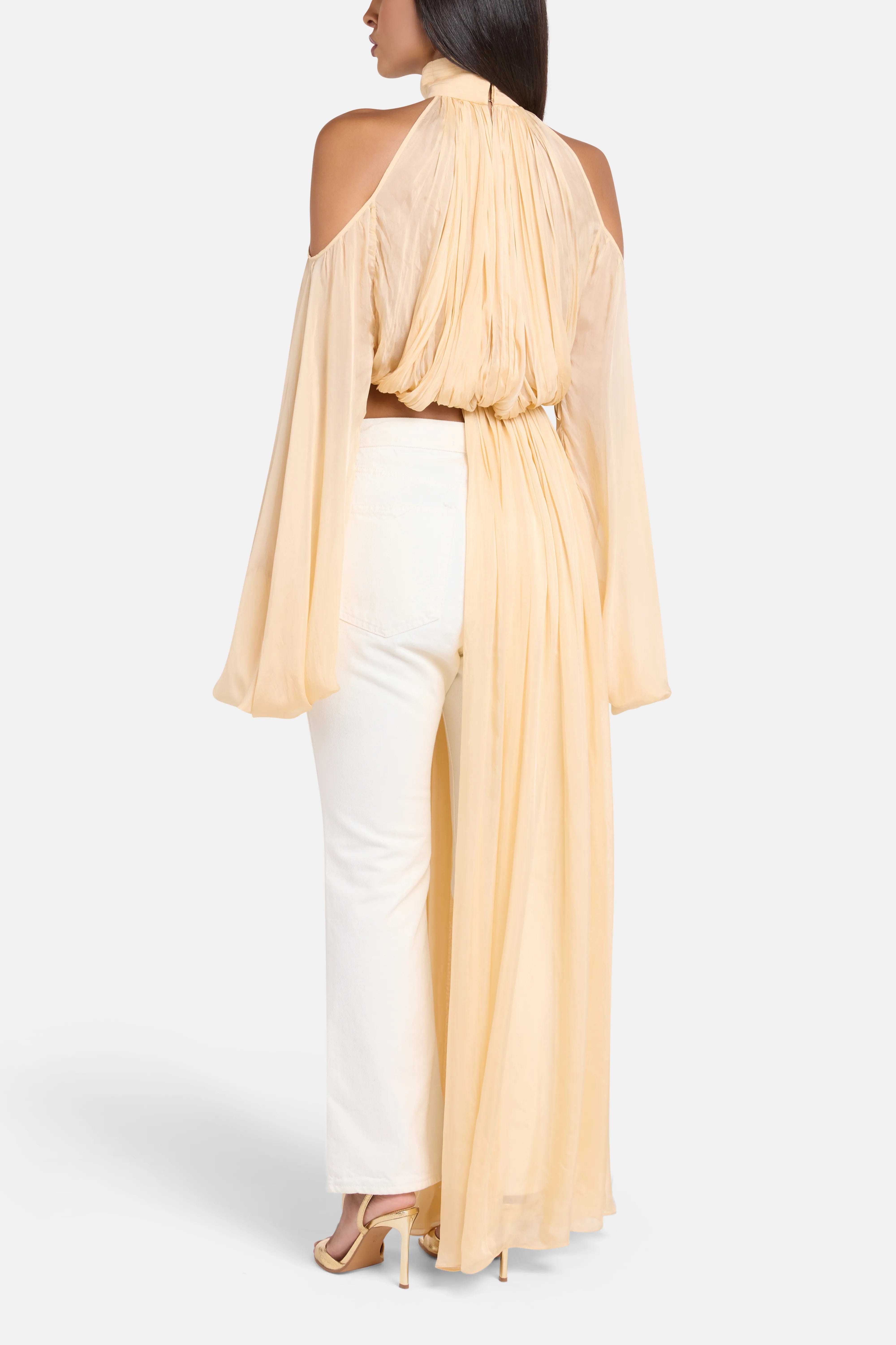 Deme by Gabriella Sage Shoulder Cut Out Chiffon Top in Gold