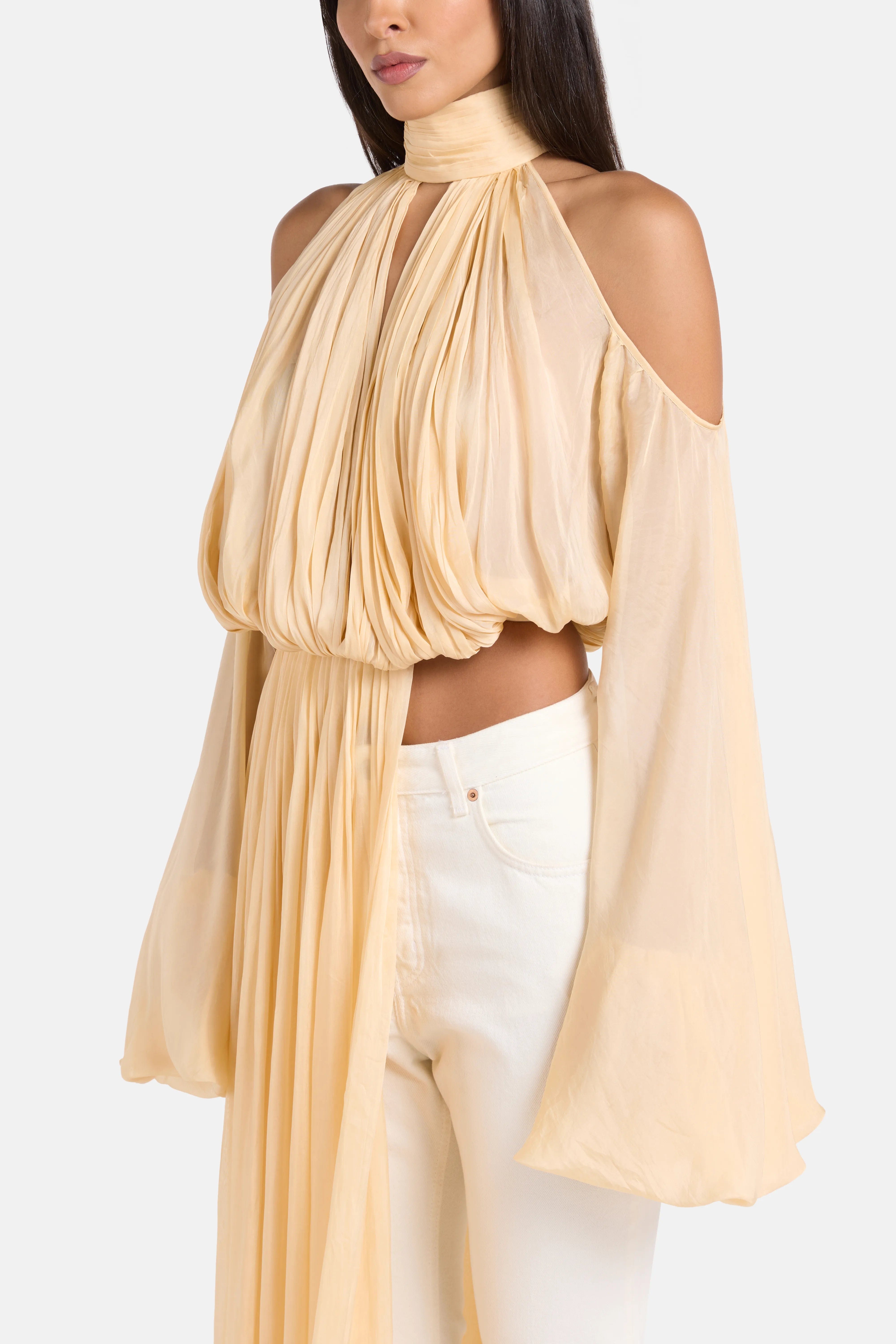 Deme by Gabriella Sage Shoulder Cut Out Chiffon Top in Gold