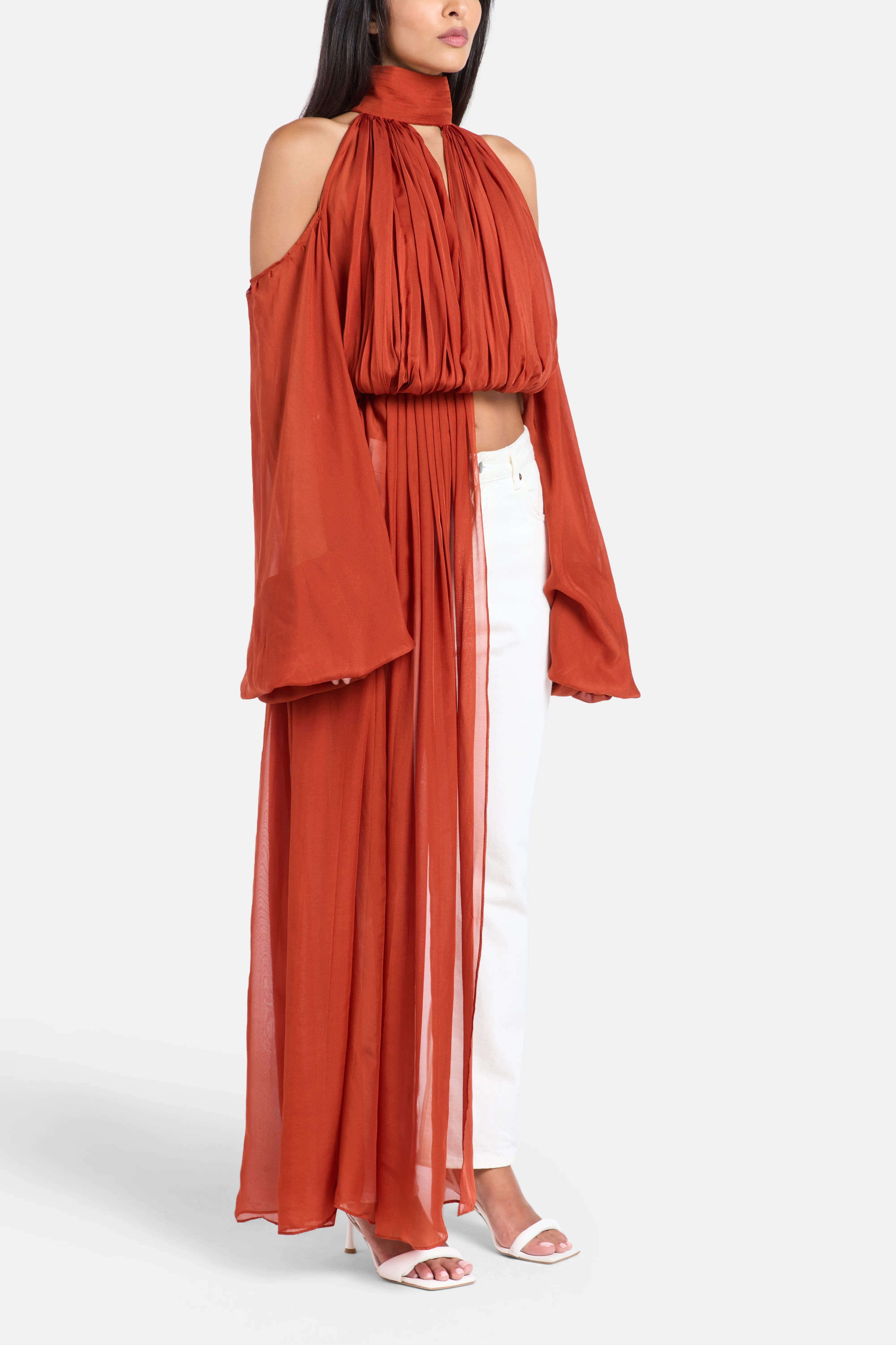 Deme by Gabriella Sage Shoulder Cut Out Chiffon Top in Red