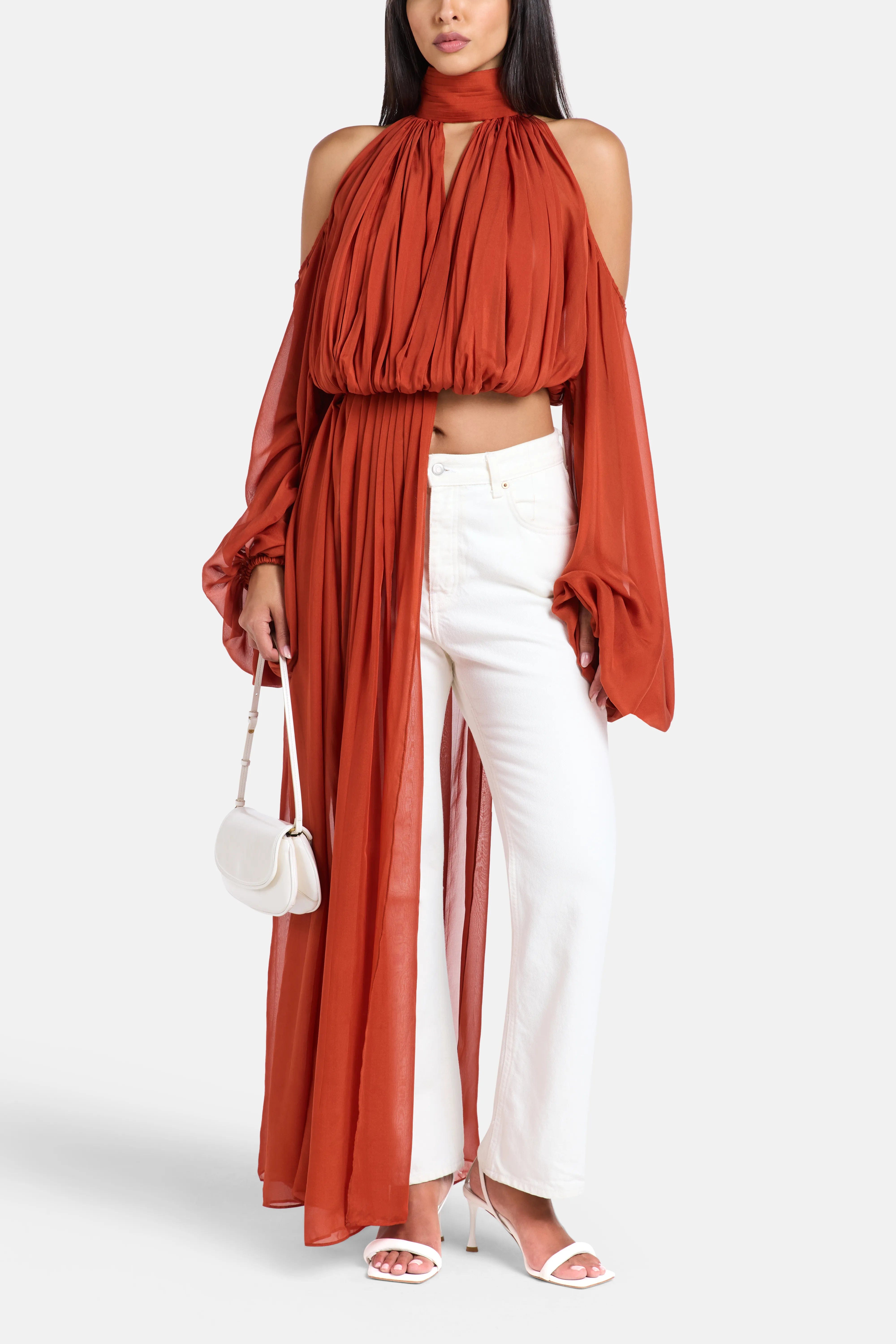 Deme by Gabriella Sage Shoulder Cut Out Chiffon Top in Red