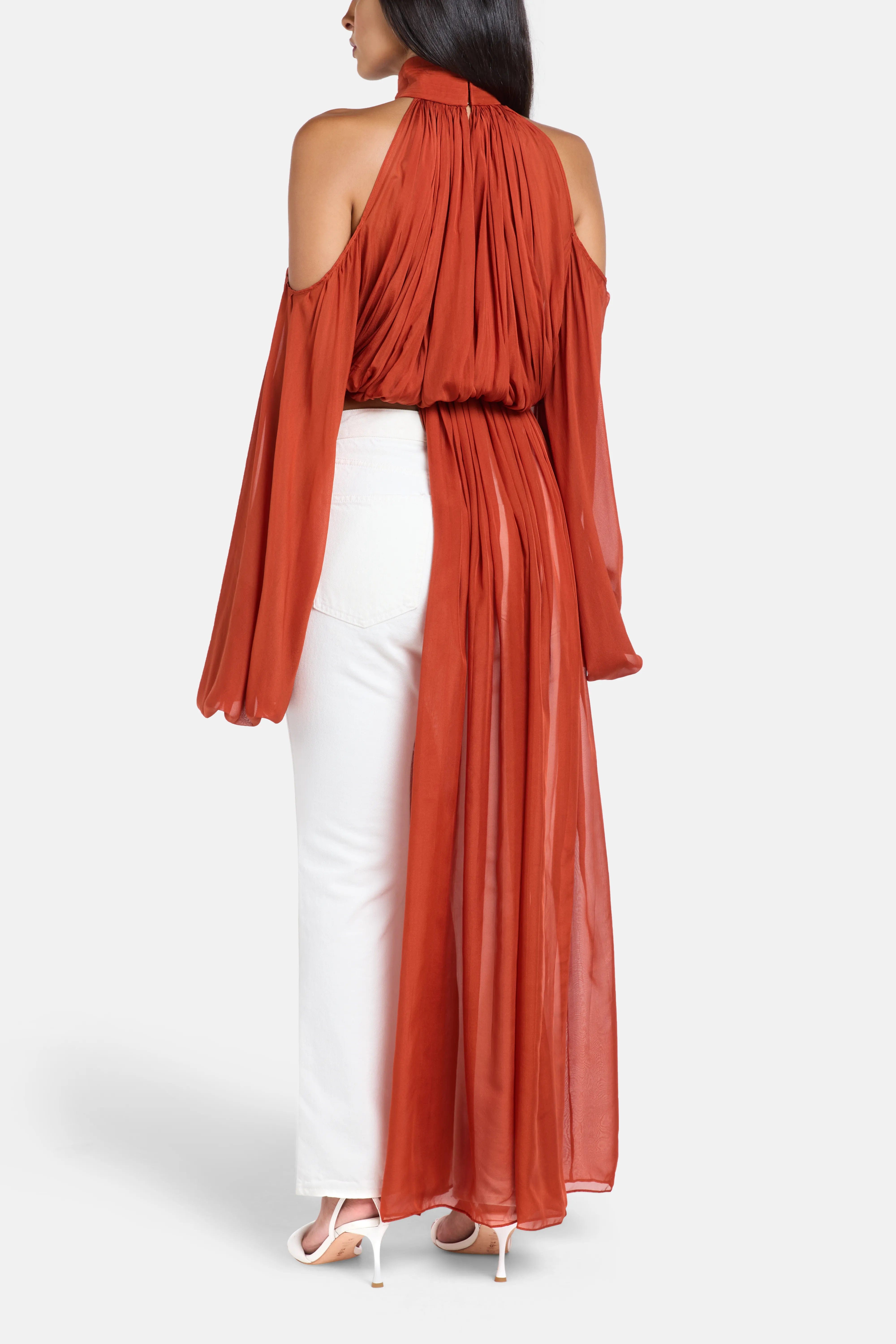 Deme by Gabriella Sage Shoulder Cut Out Chiffon Top in Red