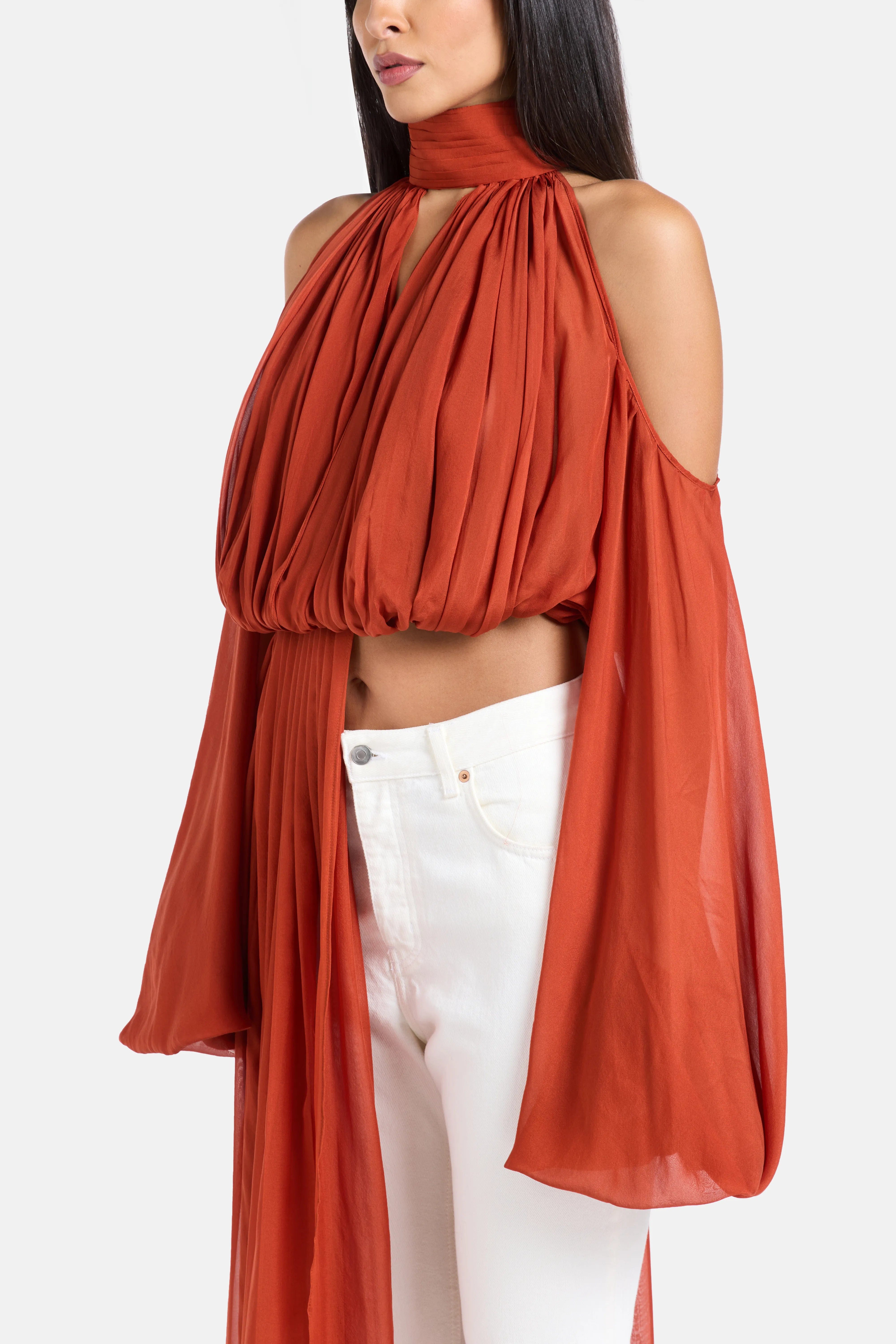 Deme by Gabriella Sage Shoulder Cut Out Chiffon Top in Red