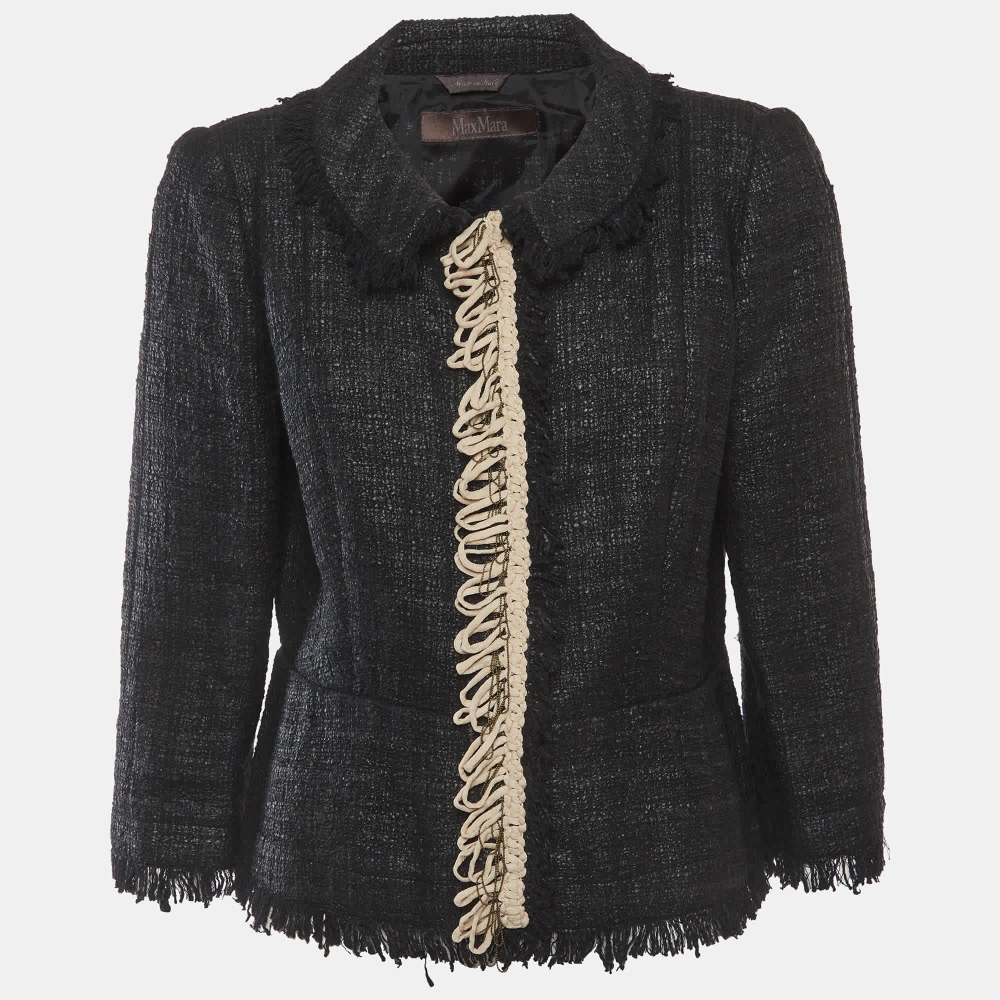 Max Mara Black Tweed Contrast Trim Fringed Edge Jacket