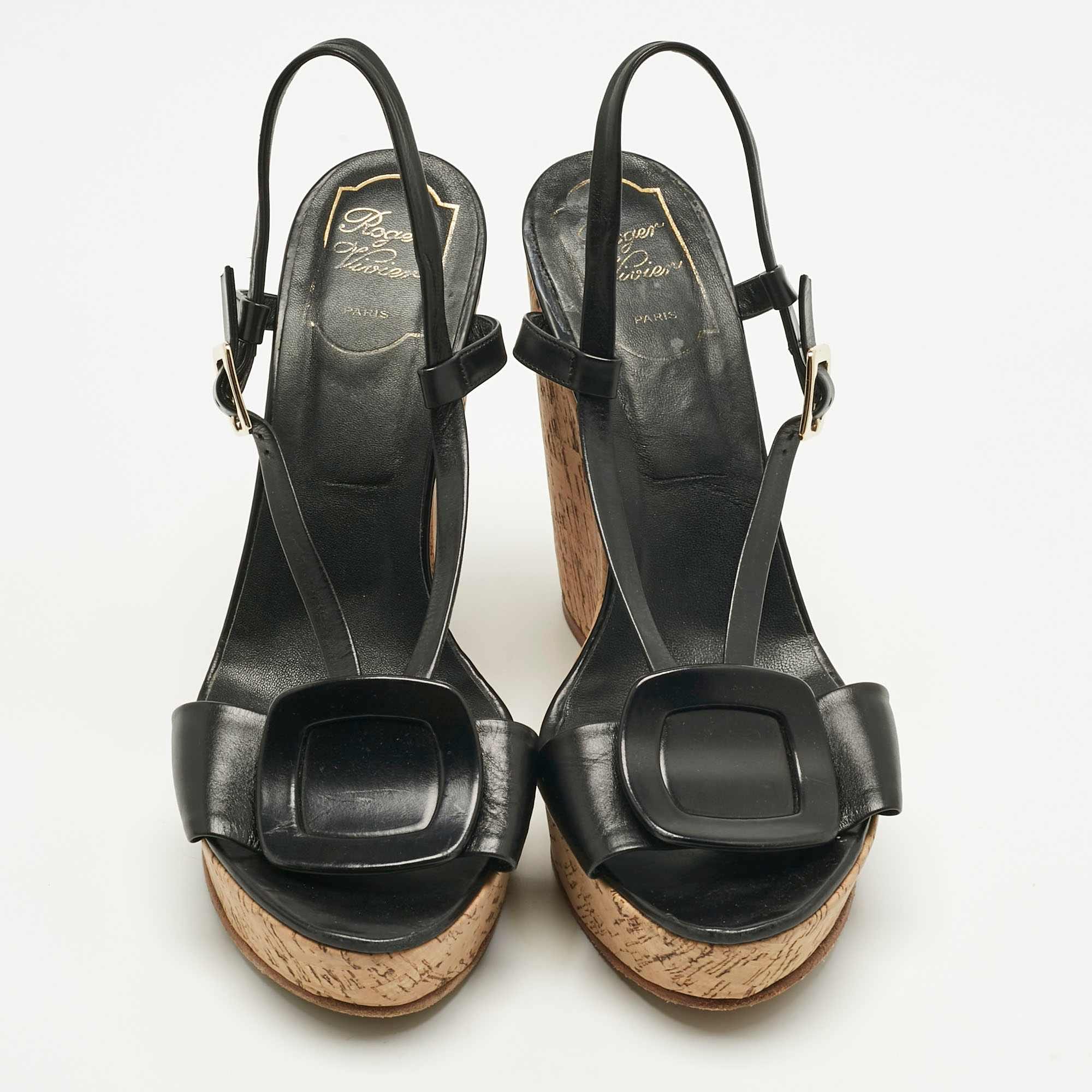 Roger Vivier Black Leather Buckle Wedge Slingback Sandals