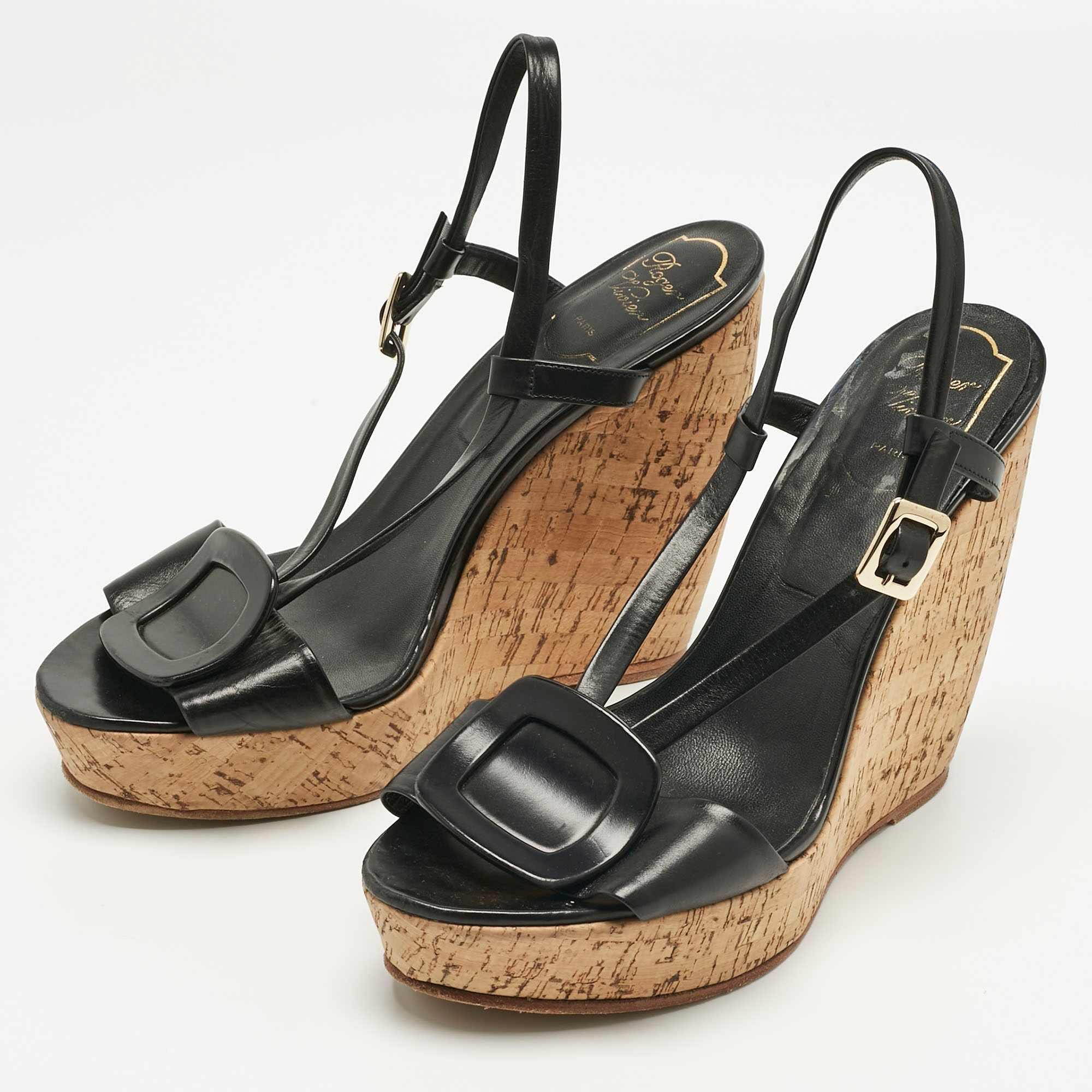 Roger Vivier Black Leather Buckle Wedge Slingback Sandals