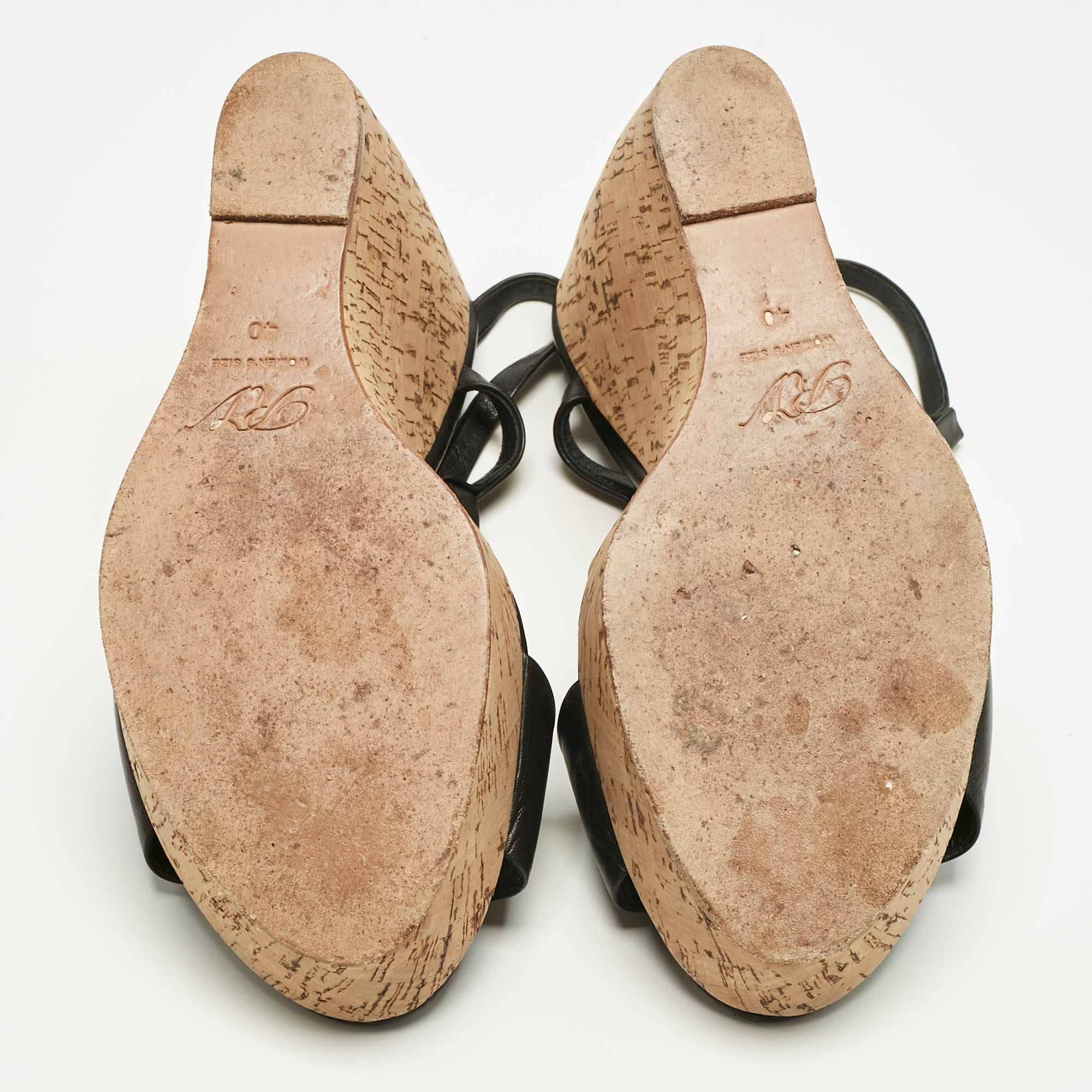 Roger Vivier Black Leather Buckle Wedge Slingback Sandals