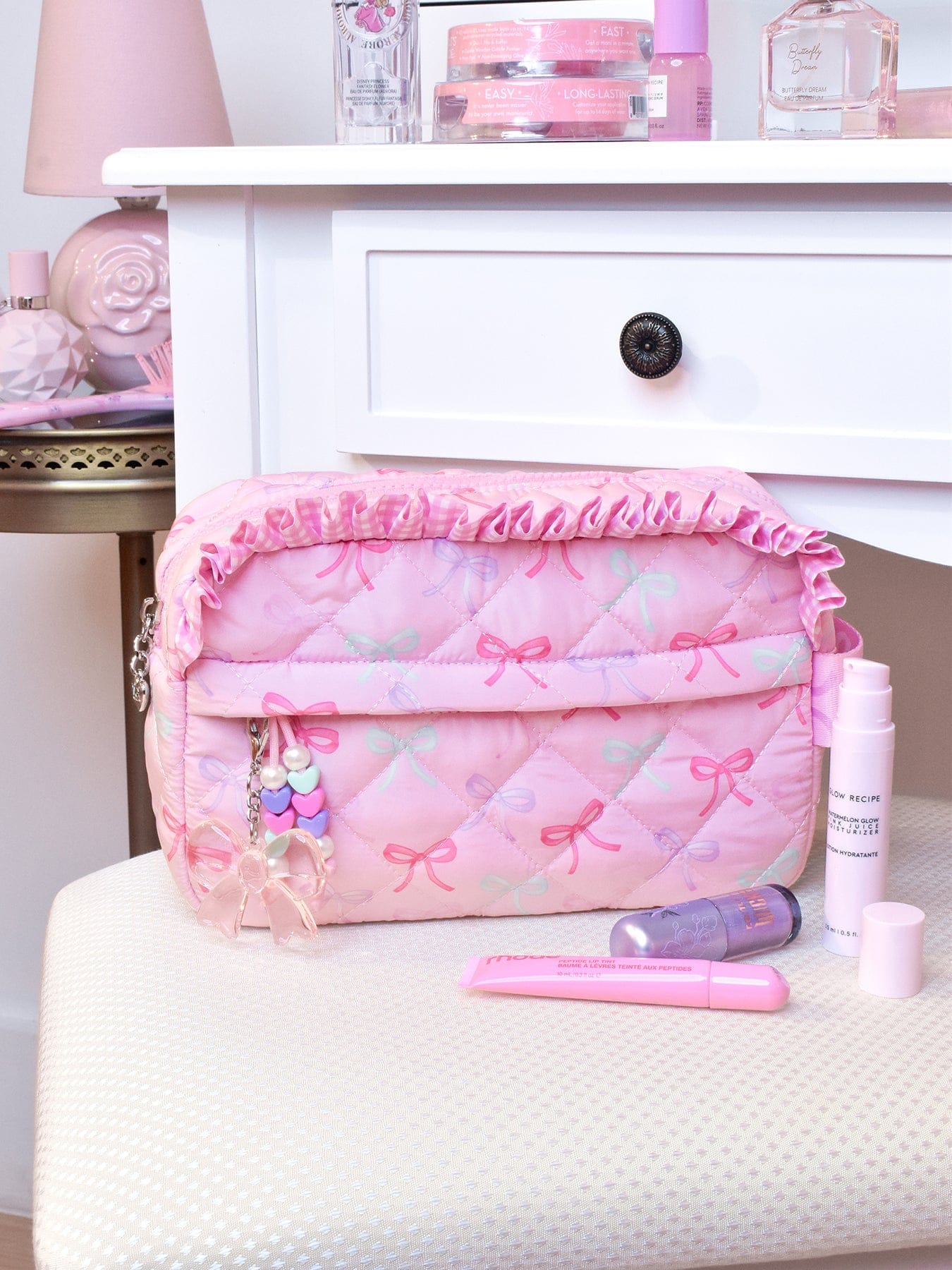 OMG Accessories Kids' Bow Quilted Pouch with Charm Pink