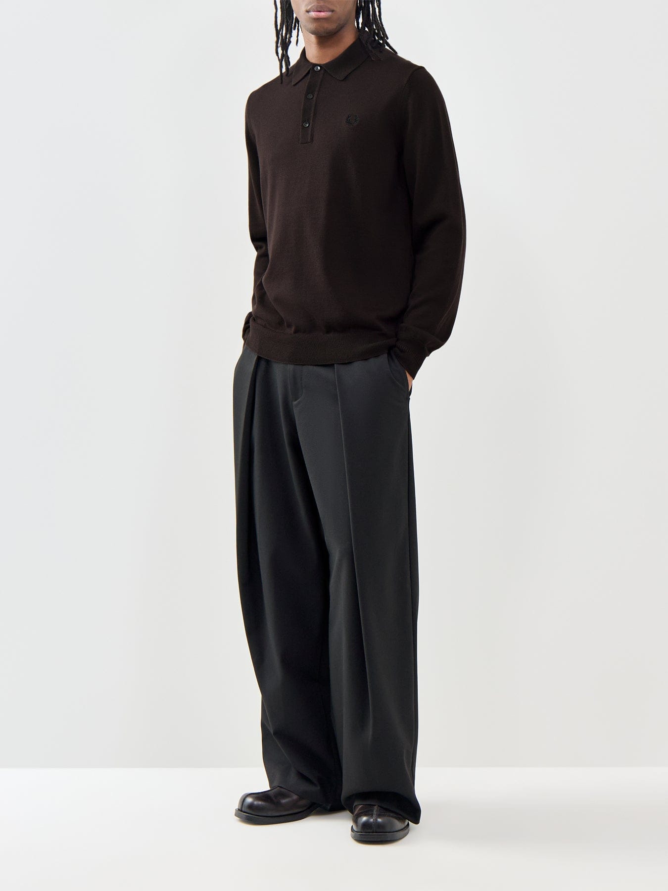 Fred Perry Classic Knitted Long Sleeve Polo Shirt Brown