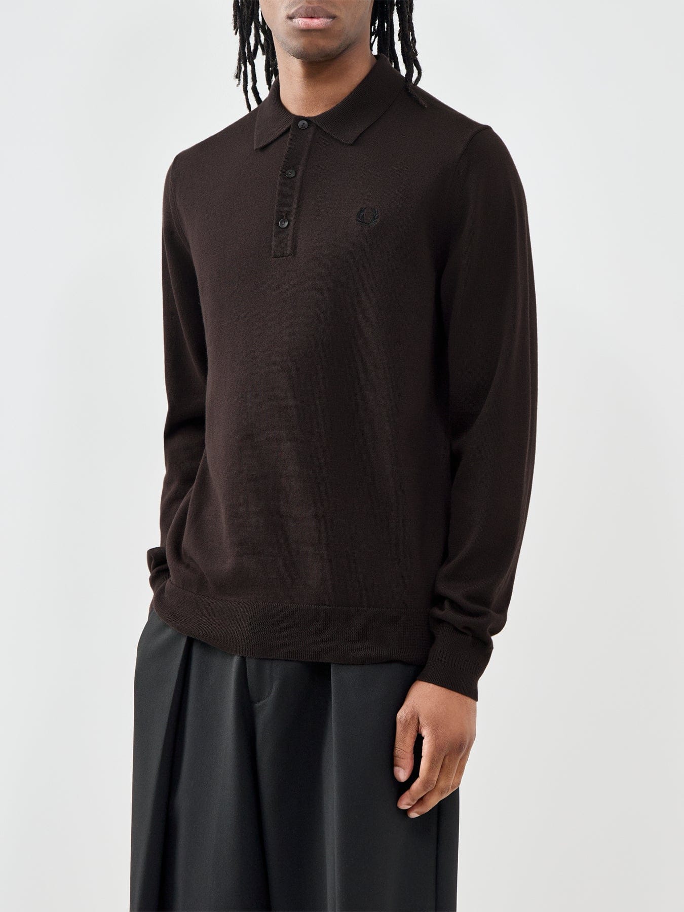 Fred Perry Classic Knitted Long Sleeve Polo Shirt Brown