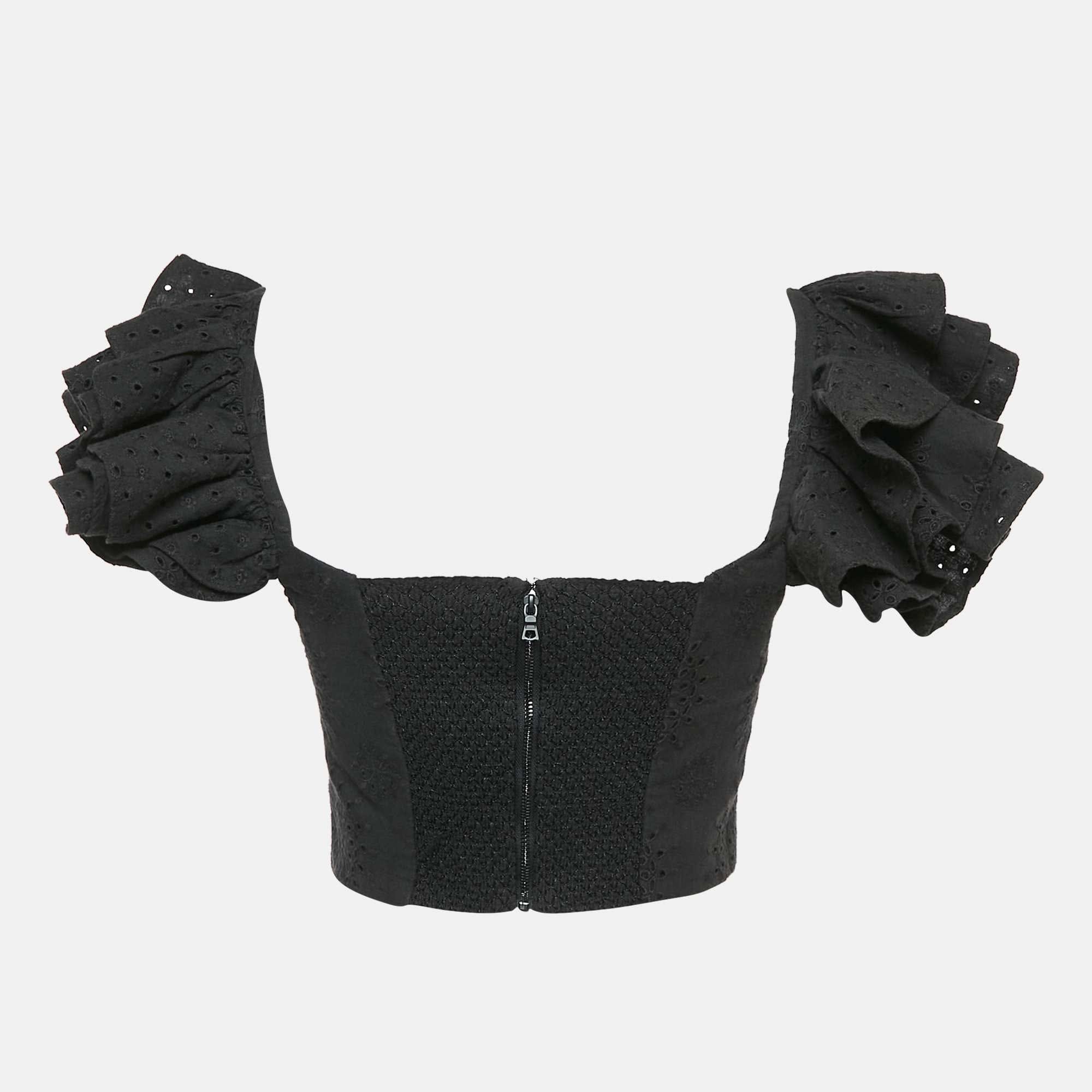 Alice + Olivia Black Broderie - Anglaise Tawny Ruffled Crop Top